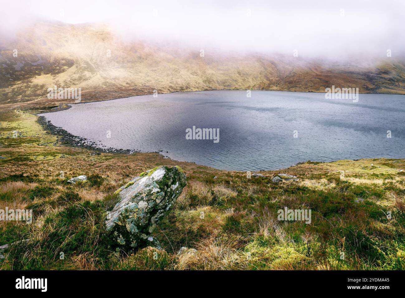 Un tranquillo lago si trova tra dolci colline, avvolto dalla morbida nebbia mattutina, creando un'atmosfera tranquilla in una remota posizione di campagna. Foto Stock