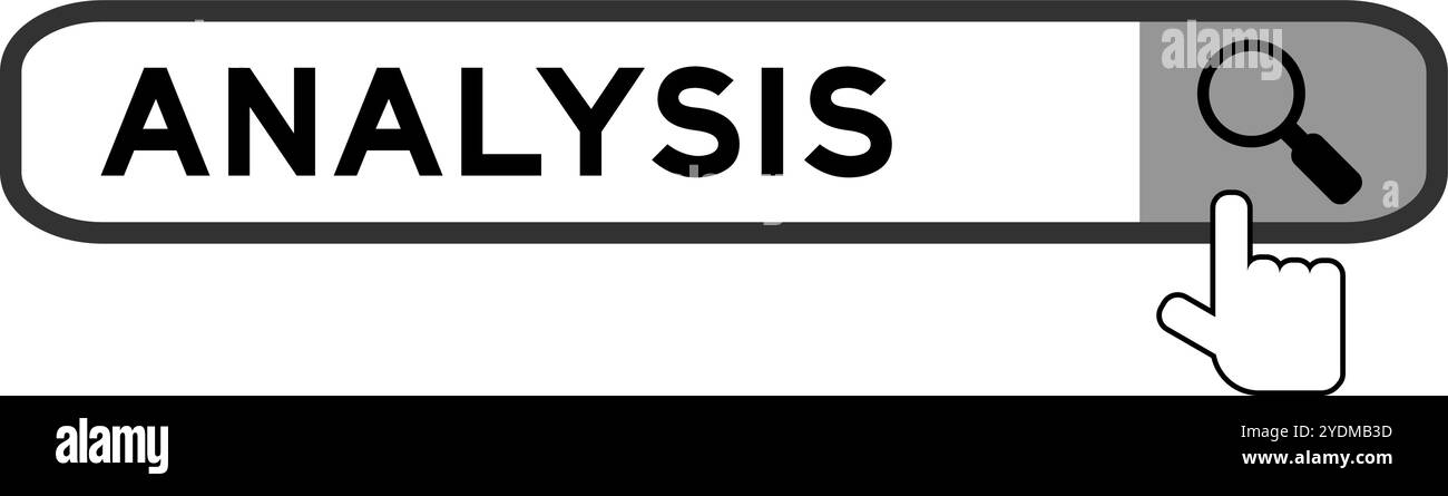 Banner di ricerca nell'analisi delle parole con l'icona della lente di ingrandimento a mano su sfondo bianco Illustrazione Vettoriale
