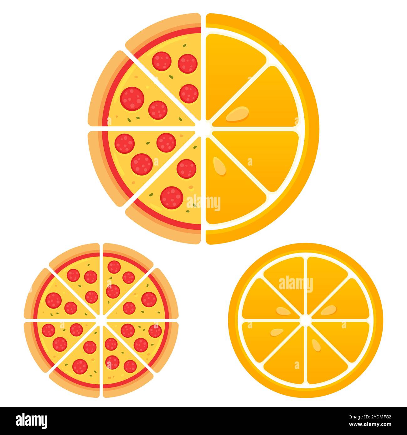 Pizza e mezza illustrazione arancione. Cerchio diviso in due, fast food a sinistra e frutta sana a destra. Scelta di cibo sano e malsano. Illustrazione Vettoriale