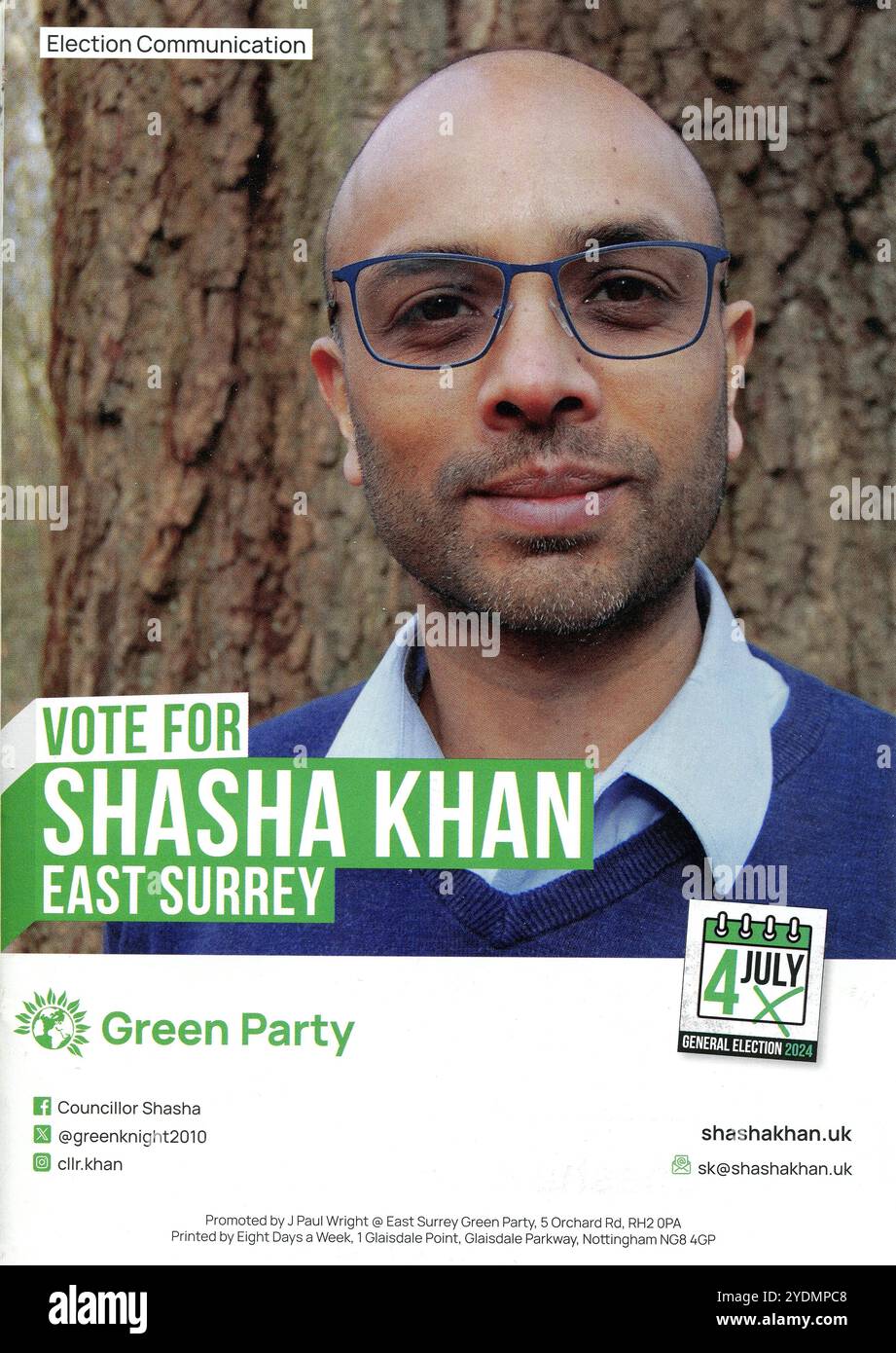 Opuscolo della campagna di Shasha Khan, candidato del Partito Verde per il collegio di East Surrey alle elezioni generali del Regno Unito del 4 luglio 2024. Foto Stock