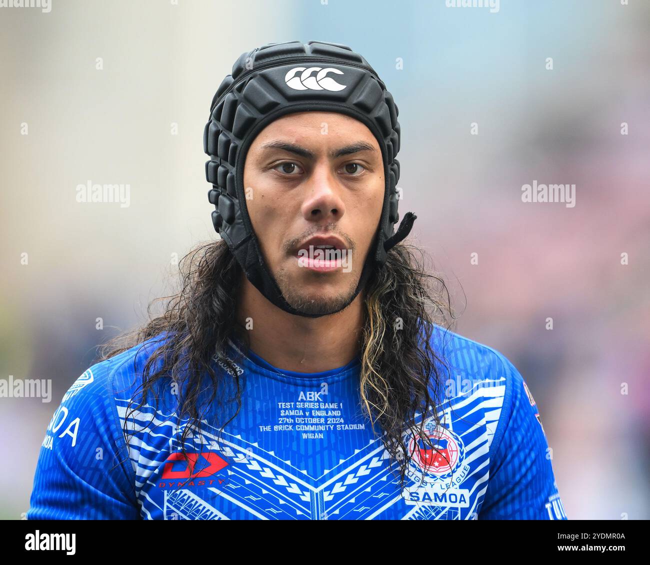 Jarome Luai di Samoa durante il warm up pre-match della ABK Beer Internationals Series Inghilterra vs Samoa al Brick Community Stadium, Wigan, Regno Unito, 27 ottobre 2024 (foto di Craig Thomas/News Images) Foto Stock