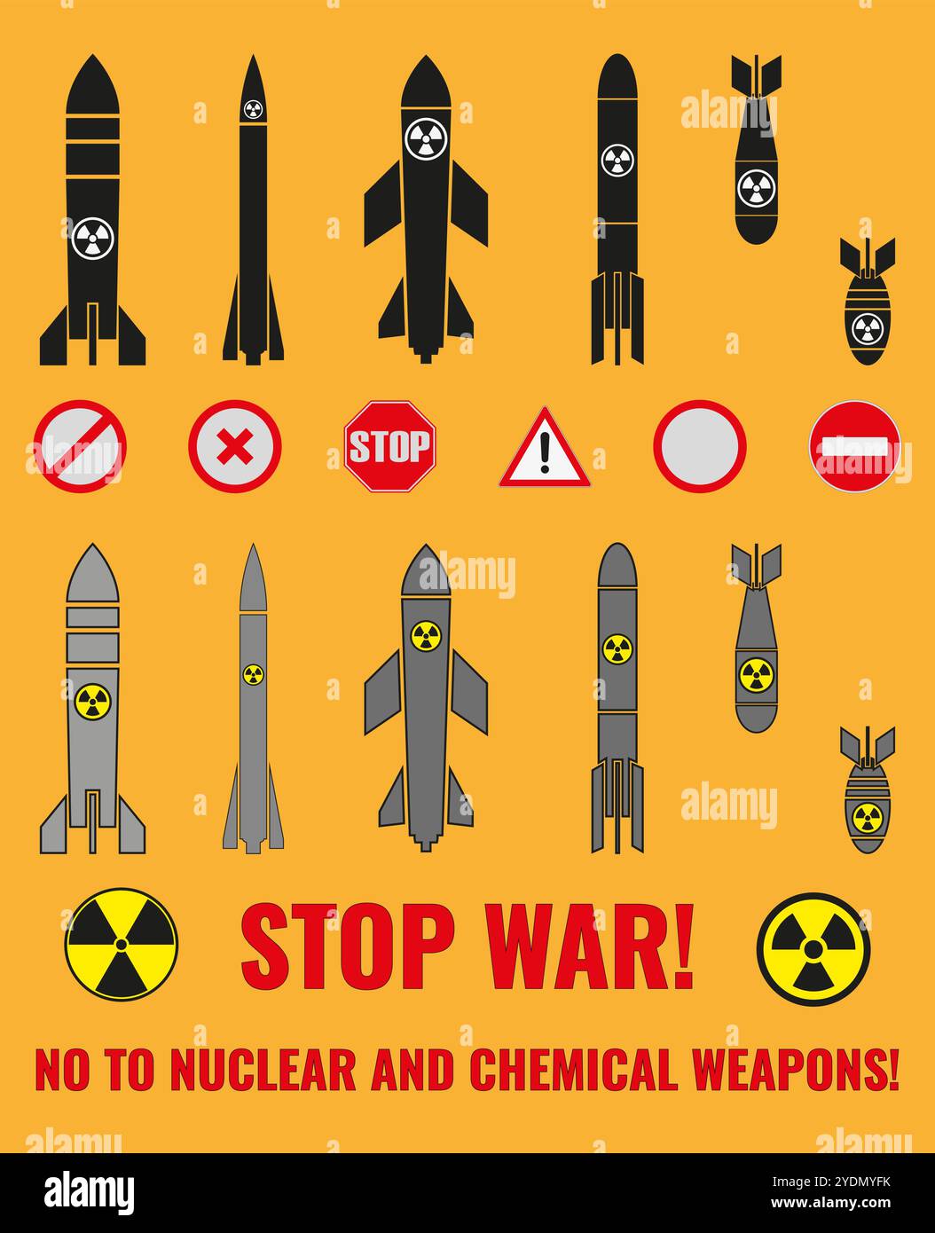 Una serie di icone di varie bombe, razzi e segni di simboli anti-guerra. Costruttore. L'iscrizione FERMA LA GUERRA! NO ALLE ARMI NUCLEARI E CHIMICHE! Male Illustrazione Vettoriale