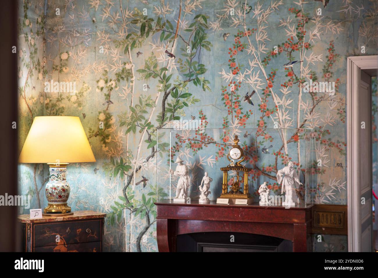 Decorazioni murali con carta da parati e mobili antichi nell'Château de Maintenon in Francia Foto Stock