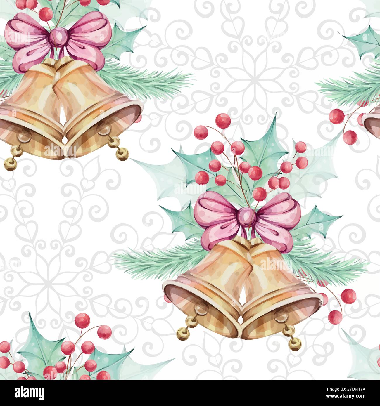 Motivo senza cuciture acquerello natalizio - campana dorata Jingle con fiocco. Fiocco di neve aperto. Composizioni con foglie verdi agrillate e vischio, rosso Illustrazione Vettoriale
