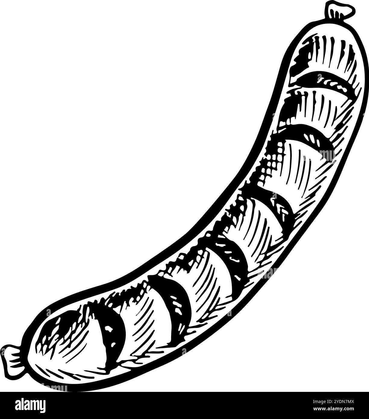 Salsicce cotte su un barbecue. Grafica vettoriale con l'immagine di una salsiccia fritta. Un'illustrazione in bianco e nero del piatto disegnata a mano. Su un wh Illustrazione Vettoriale