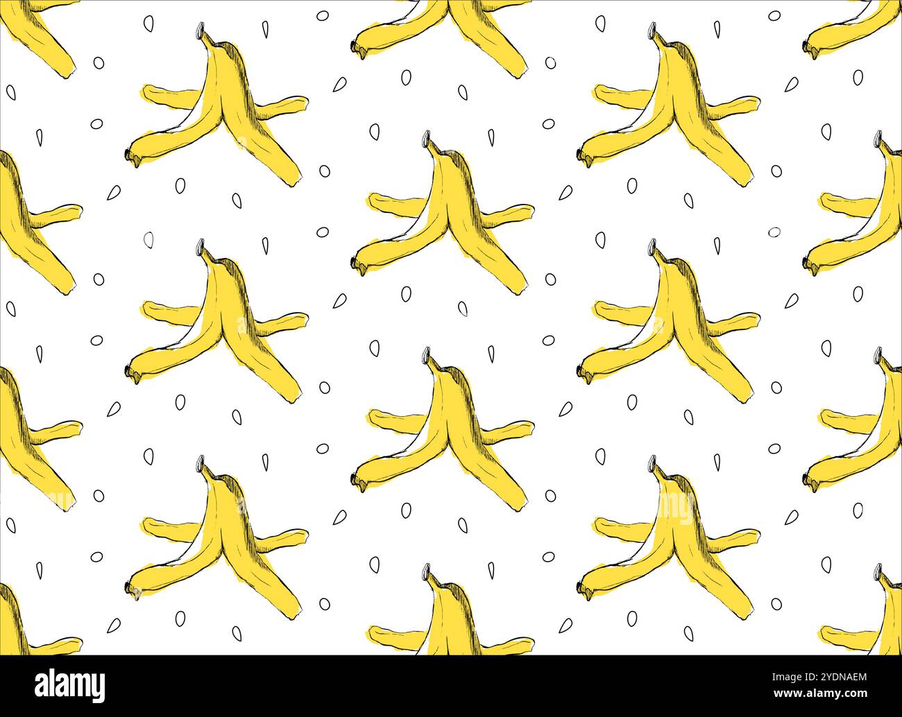 Pelle a buccia di banana senza cuciture. Stampa senza cuciture di rifiuti organici con pelle di banana grafica a cartoni animati, spazzatura di frutta gialla colorata. Trama vettoriale. BIO foo Illustrazione Vettoriale