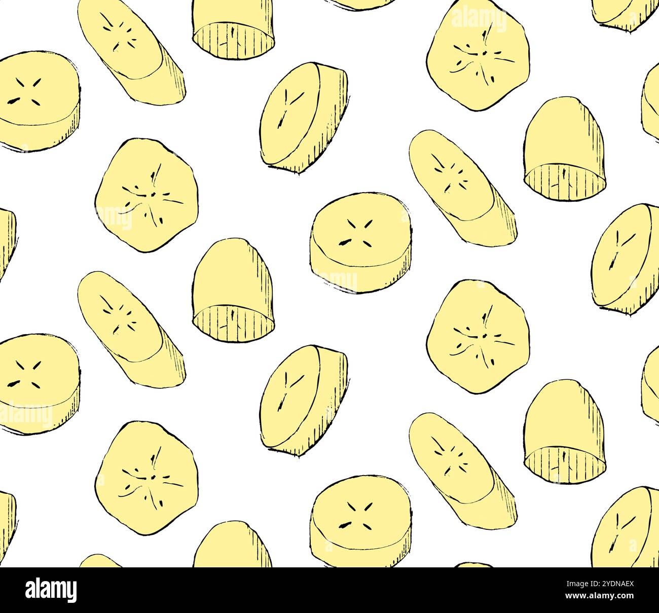 Esotico motivo tropicale senza cuciture con fette di banana. Stampa perfetta per carta, tessuto e tessuto. Illustrazione del vettore grafico disegnato a mano. Illustrazione Vettoriale