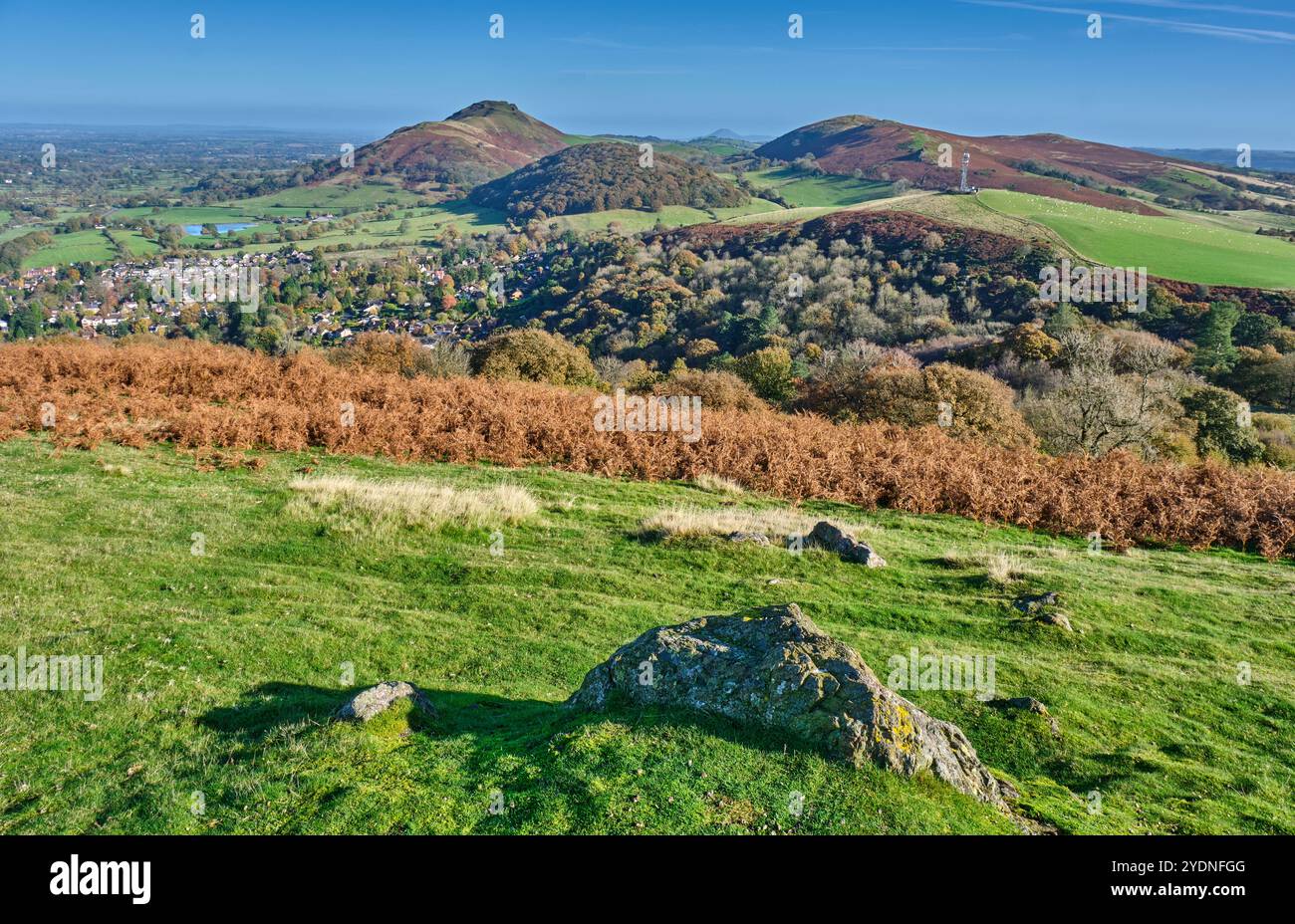 Caer Caradoc, Helmeth Hill, Hope Bowdler Hill e Hazler Hill viste da Ragleth Hill, Church Stretton, Shropshire Foto Stock