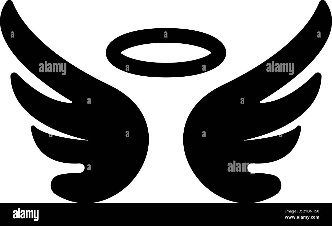 Icona di silhouette con aloni d'angelo e ali d'angelo. Vettore modificabile. Illustrazione Vettoriale