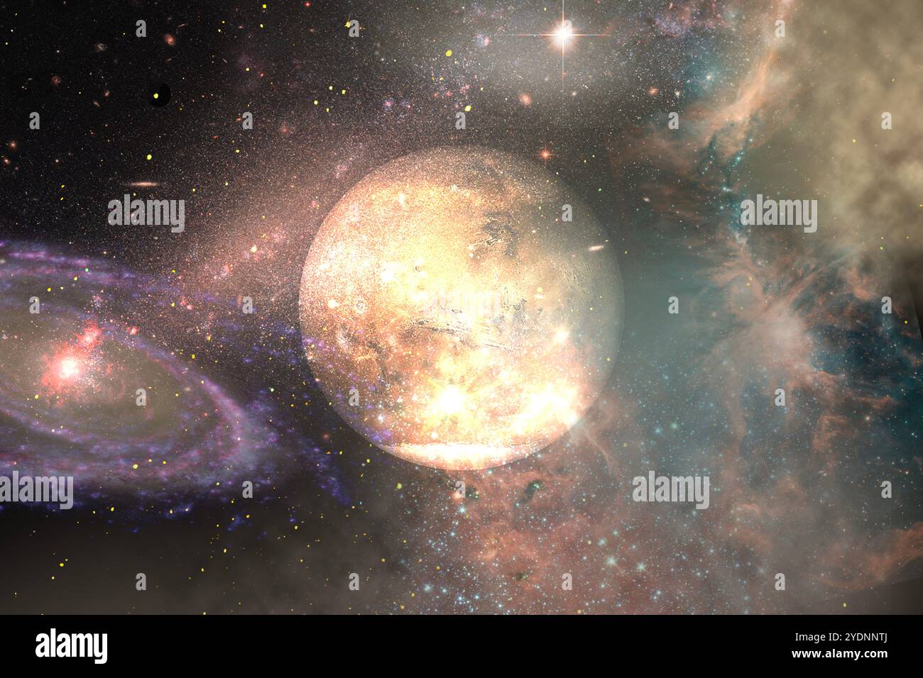 universo stellato galassico con una spirale e pianeti marte e nettuno Foto Stock