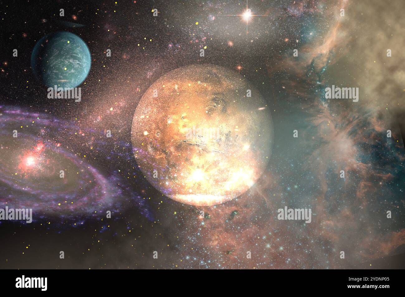 universo stellato galassico con una spirale e pianeti marte e nettuno Foto Stock