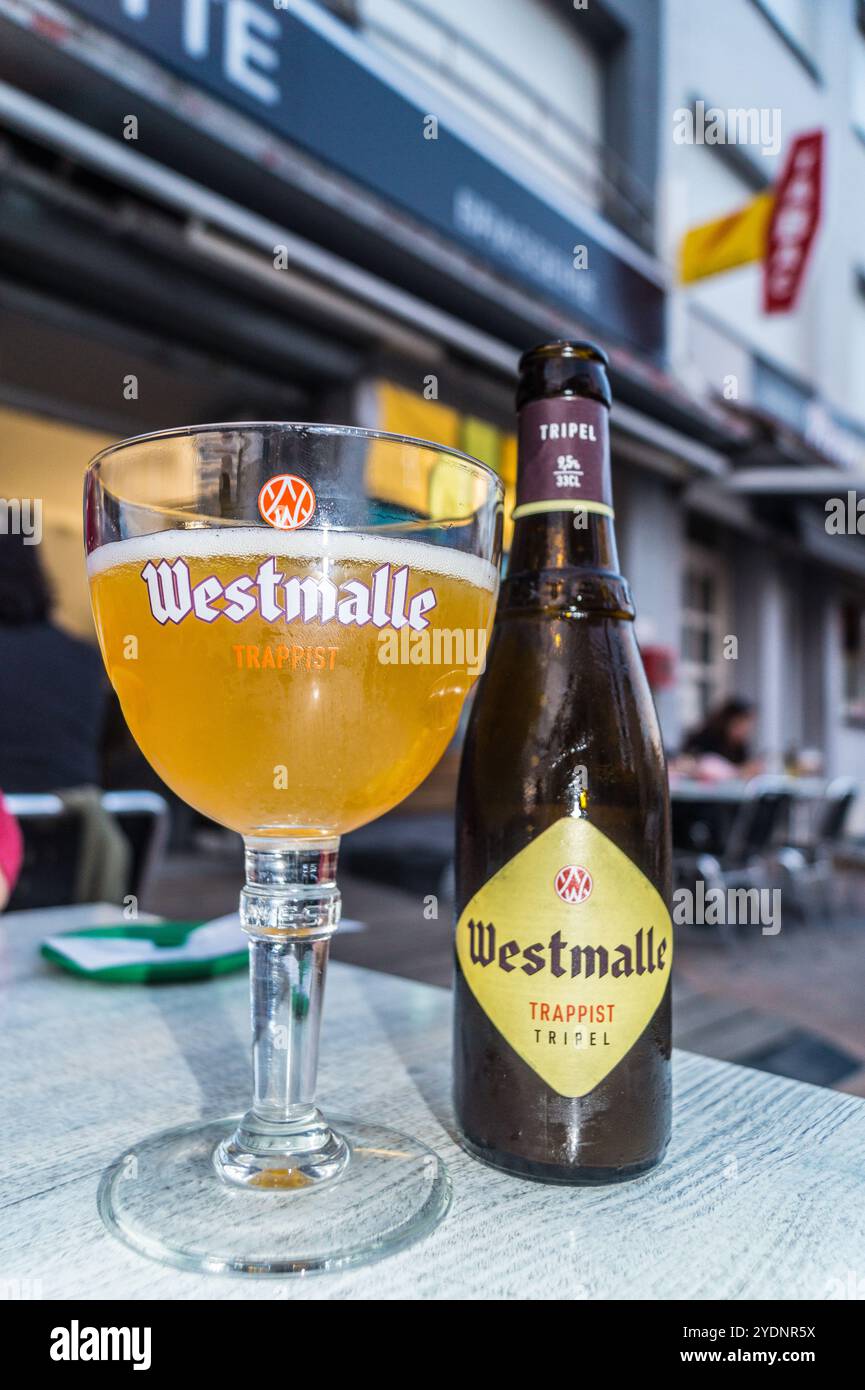 Una bottiglia di birra trappista belga Westmalle Tripel con il suo bicchiere di marca, al bar la Civette, Bray-Dunes, Hauts de France Foto Stock