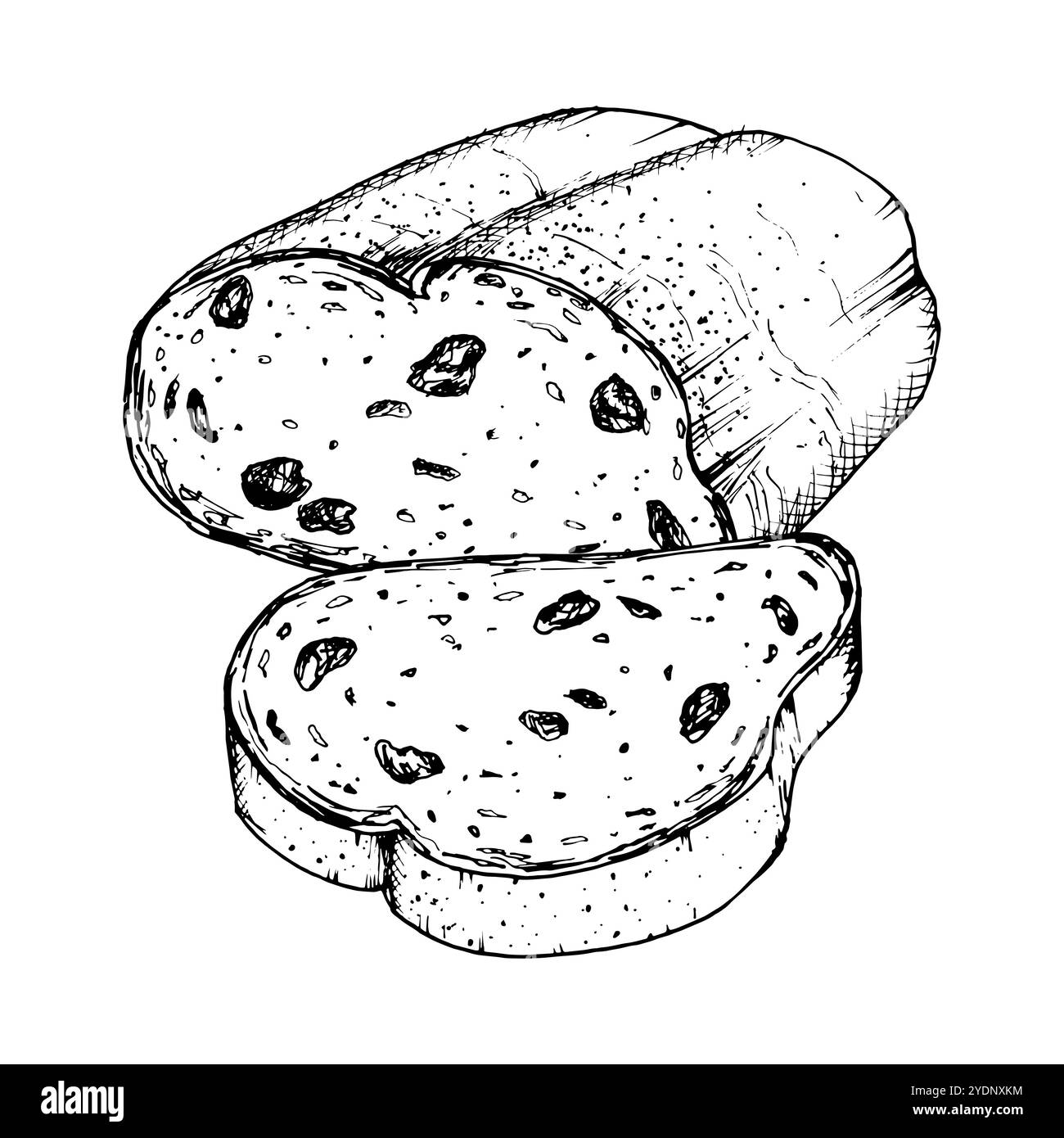 Illustrazione vettoriale del pane con uvetta tagliato con consistenza dettagliata. Ideale per la progettazione di prodotti da forno, ricettari, confezioni alimentari o progetti a tema per la colazione Illustrazione Vettoriale