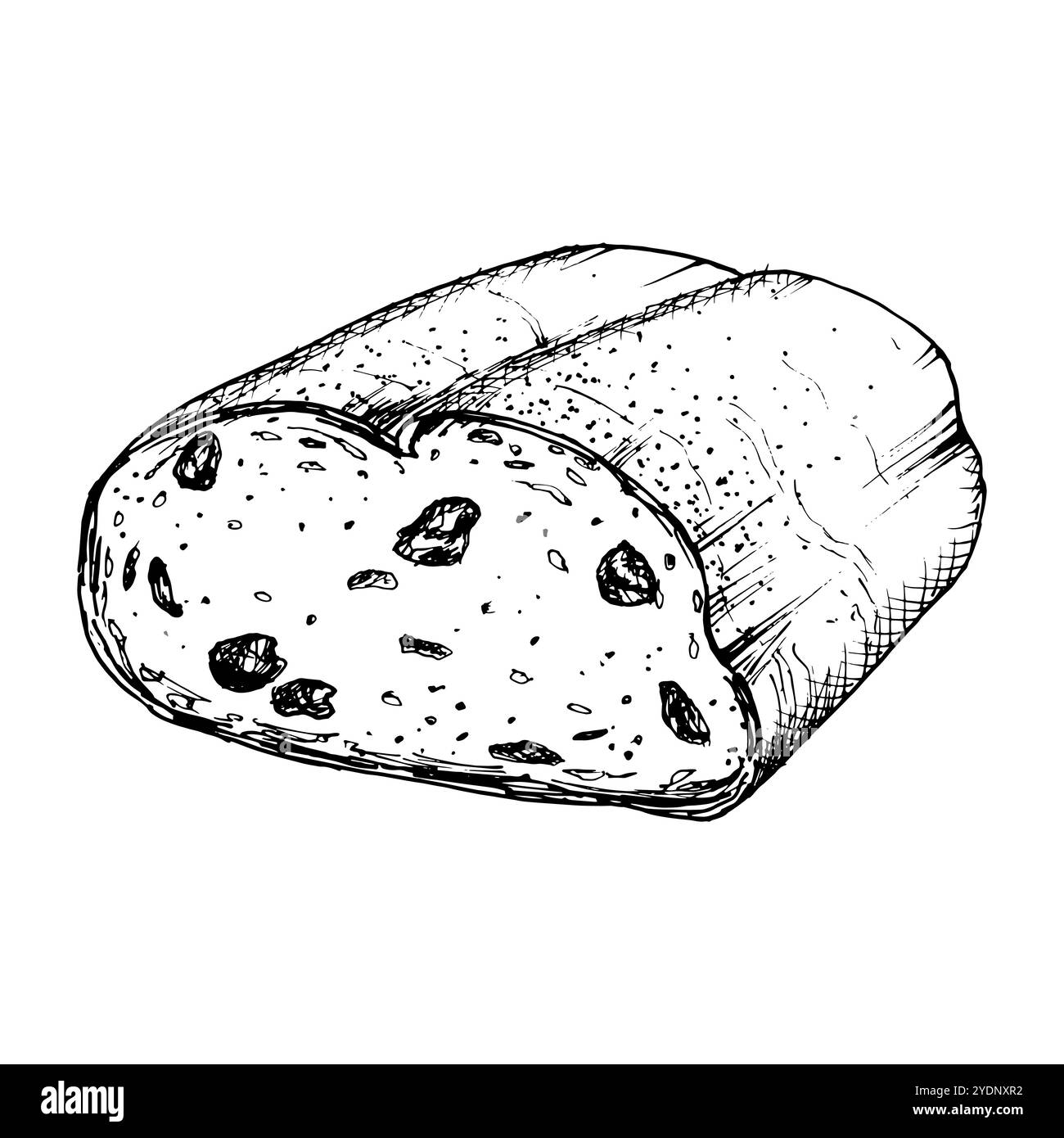 Illustrazione vettoriale del pane con uvetta tagliato con consistenza dettagliata. Ideale per la progettazione di prodotti da forno, ricettari, confezioni alimentari o progetti a tema per la colazione Illustrazione Vettoriale