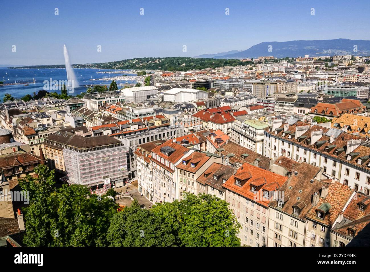 La fontana Jet d'Eau o la Rade che invia un getto d'acqua a 460 metri nel cielo dal lago di Ginevra, in Svizzera. La fontana, originariamente creata nel 188 come valvola di sicurezza per la rete idraulica della città, è la fontana più alta del mondo. Foto Stock