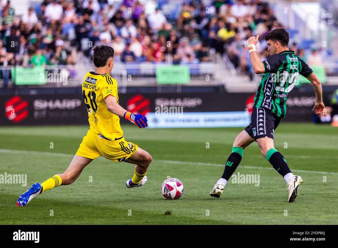 Melbourne, Australia, 27 ottobre 2024. Tristan Vidackovic del Western Sydney Wanderers FC affronta Noah Botic del Western United FC durante la seconda giornata dell'Isuzu Ute A-League Men's Football match tra Western United FC e Western Sydney Wanderers FC a Ironbark Fields Tarneit il 27 ottobre 2024 a Melbourne, Australia. Crediti: Santanu Banik/Speed Media/Alamy Live News Foto Stock