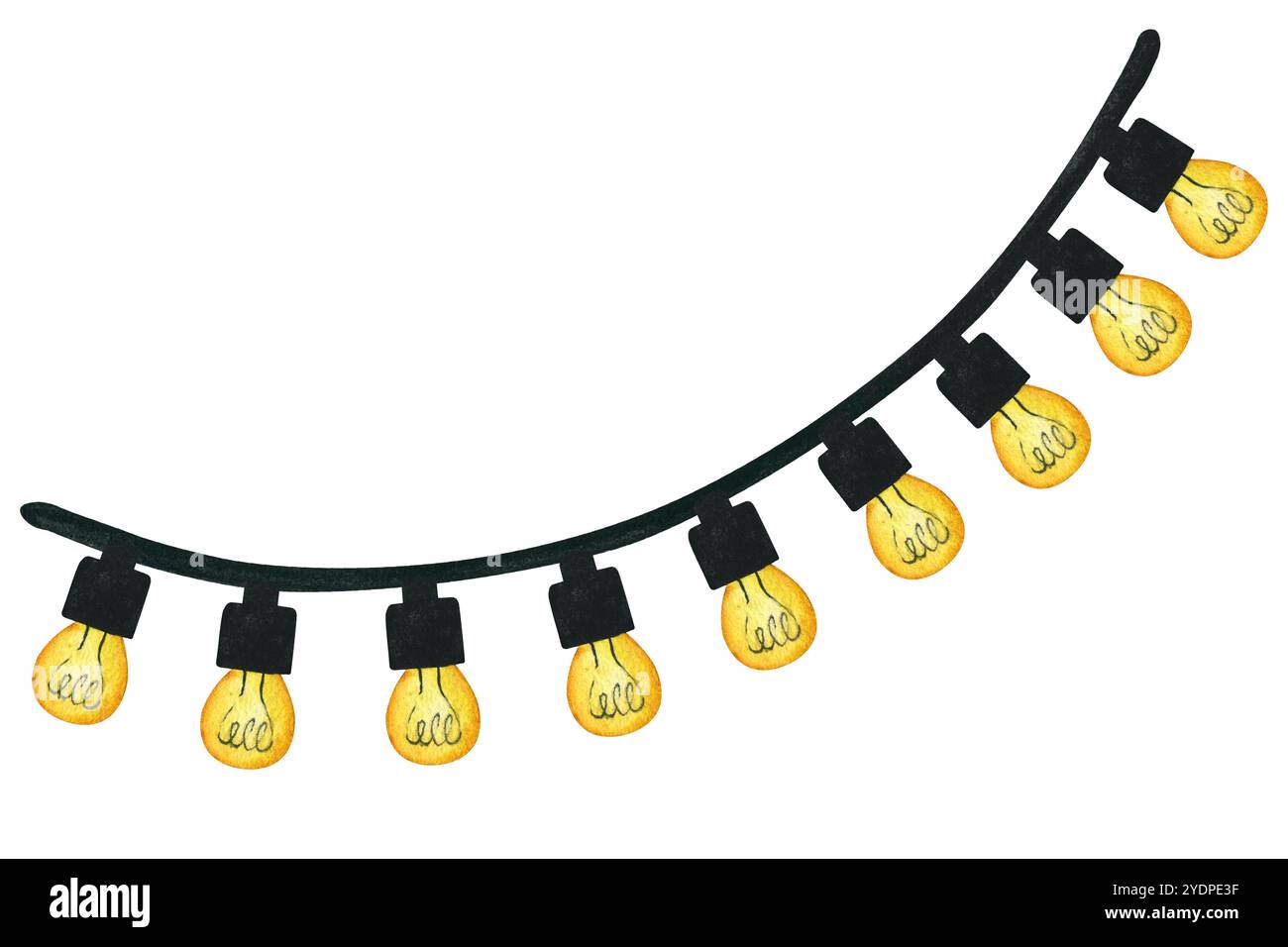 Illustrazione ad acquerello di garland elettrico stradale di lampadine. Lanterne decorative luminose su sfondo trasparente. Lampadine luminose per poster, pos Foto Stock