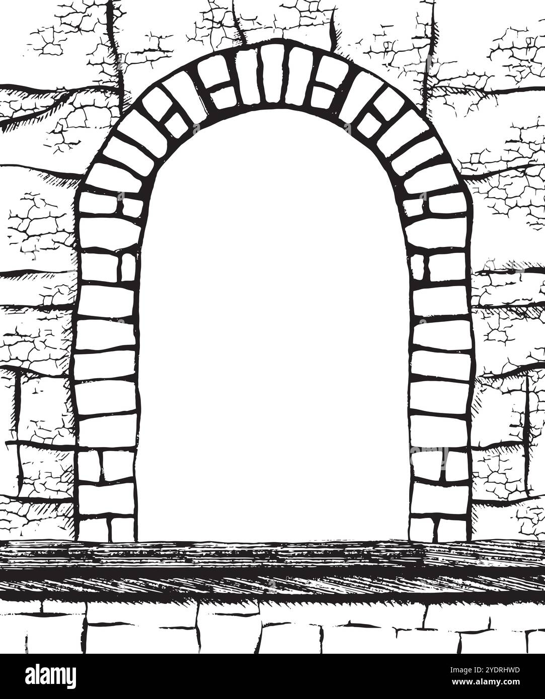 Un arco in pietra splendidamente disegnato a mano, realizzato artisticamente, perfetto per vari sfondi e progetti di design. Grafica vettoriale in bianco e nero disegnata a mano in line art per materiali stampati, interni e altro ancora. Illustrazione Vettoriale