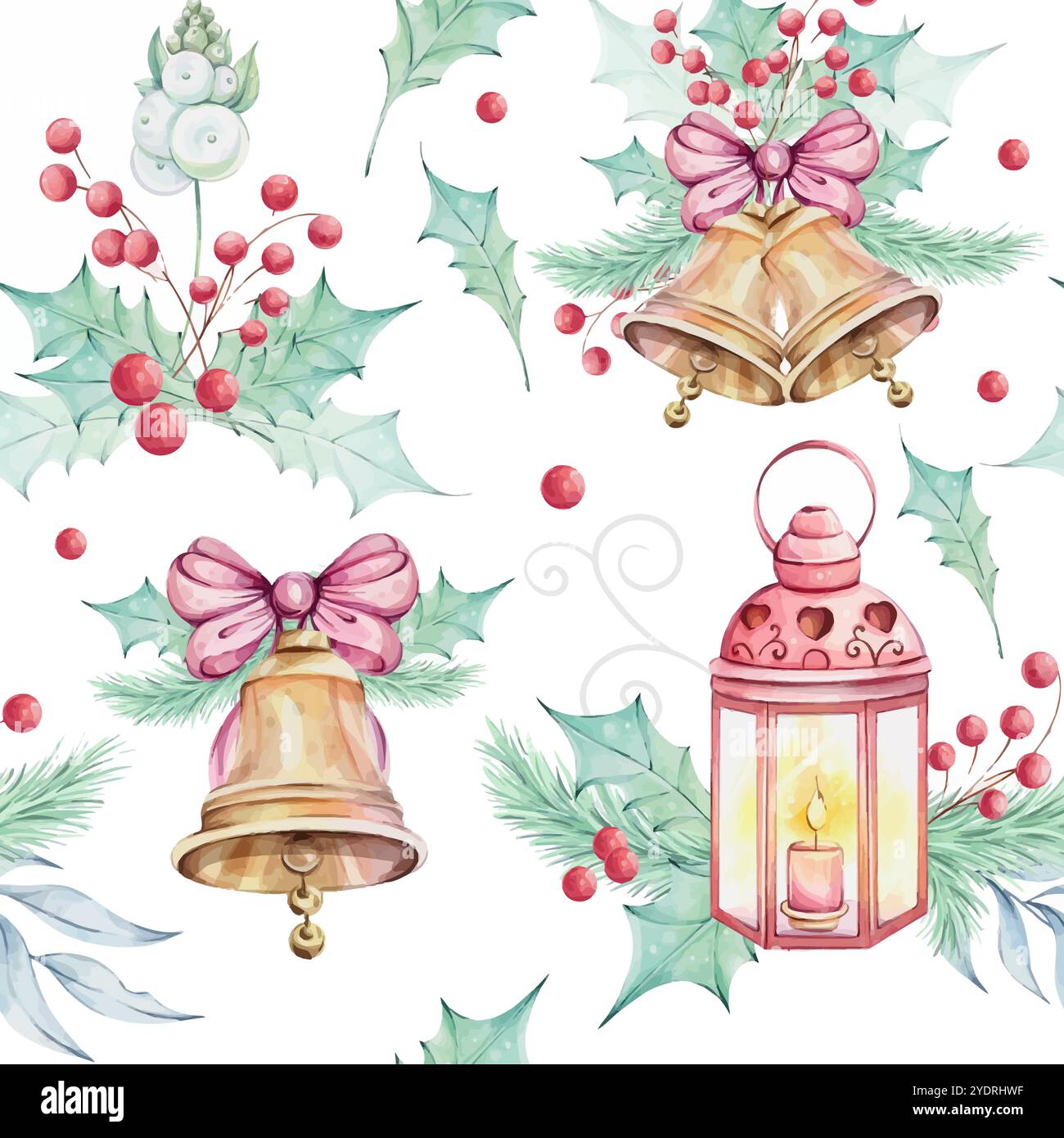 Motivo senza cuciture acquerello natalizio - campana dorata Jingle con fiocco. Bouquet di fiori di punta rossa, composizioni con foglie verdi agrifoglio e. Illustrazione Vettoriale