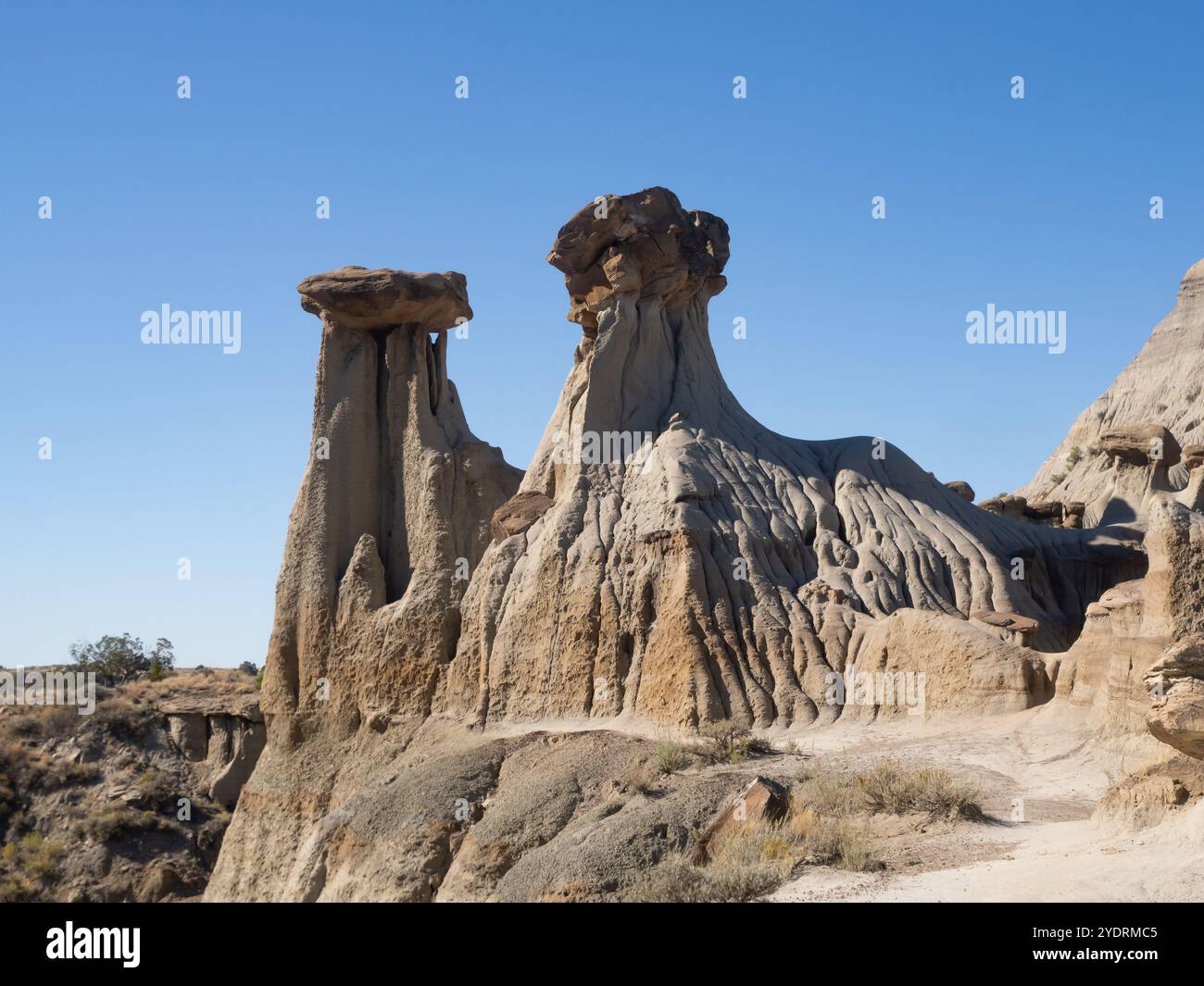 Formazioni rocciose hoodoo delle Twin Sisters nel Makoshika State Park a Glendive, Montana. Foto Stock