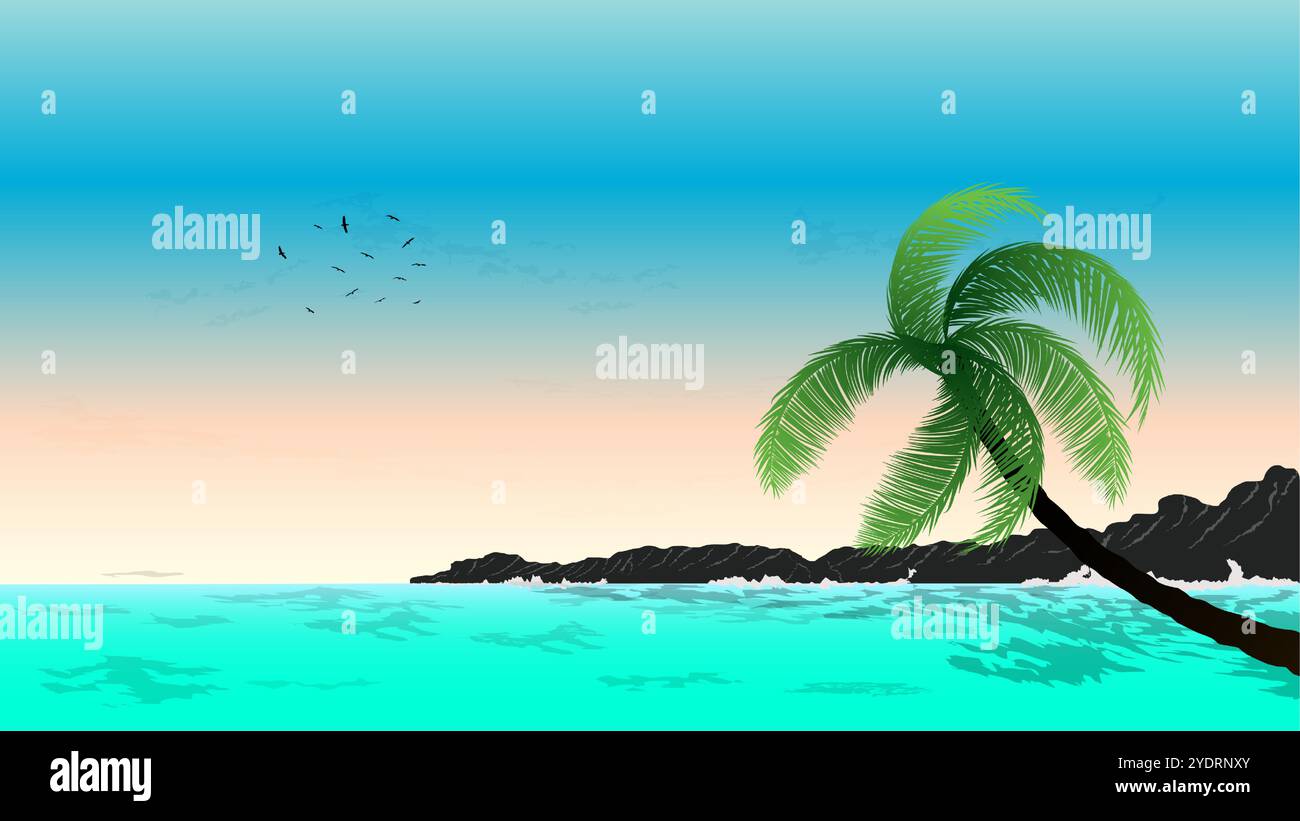 Una tranquilla spiaggia con una palma pendente, cielo blu, nuvole bianche e un gregge di uccelli. Le onde turchesi dell'oceano si infrangono dolcemente contro la riva Illustrazione Vettoriale