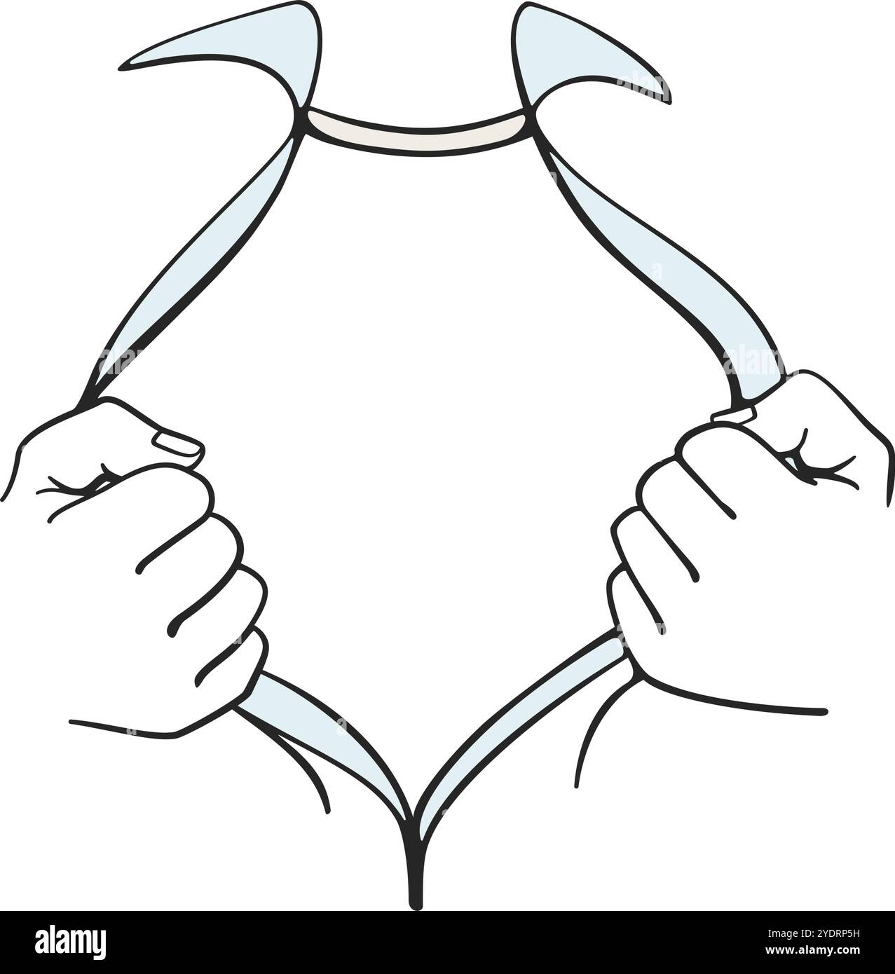 Camicia in stile supereroe con due mani che si aprono e una camicia che mostra uno spazio vuoto per il testo in stile line art vettoriale Illustrazione Vettoriale