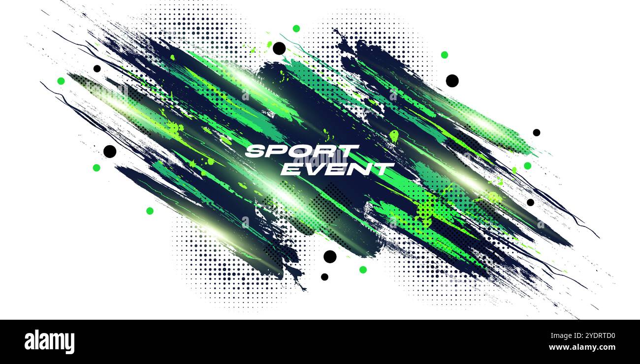 Sfondo con texture di pennello blu e verde astratto con mezzitoni ed effetti luminosi brillanti. Sfondo sportivo con stile Grunge Illustrazione Vettoriale