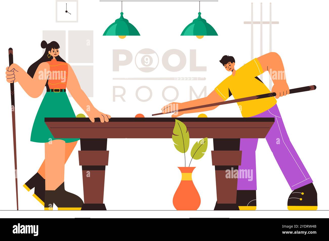 Illustrazione vettoriale del gioco da biliardo con un giocatore in una sala da biliardo con un bastone da biliardo e palle in una società sportiva Illustrazione Vettoriale