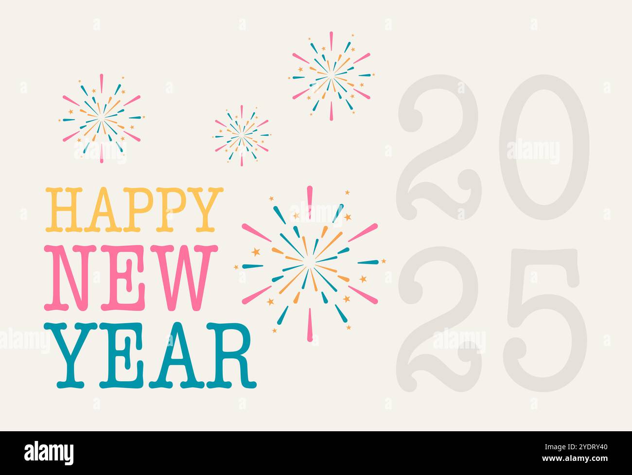 Felice anno nuovo 2025 con fuochi d'artificio. Design festoso e colorato del biglietto di auguri di Capodanno. Banner Web di sfondo vettoriale Illustrazione Vettoriale