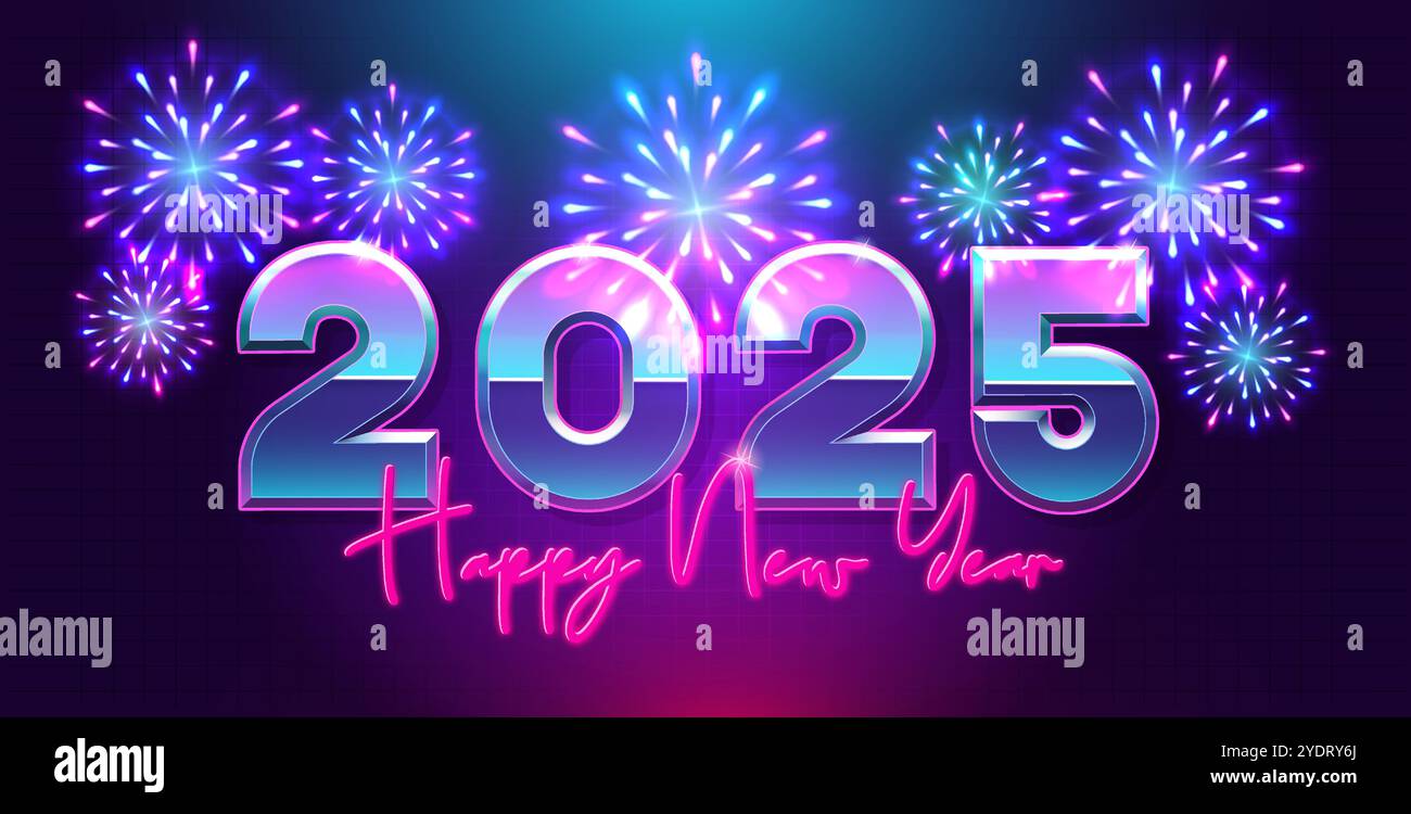 Felice anno nuovo 2025 retroscena anni '80. testo in blu e viola 3d ed esplosione di fuochi d'artificio. Per i banner Web di auguri per le festività natalizie Illustrazione Vettoriale