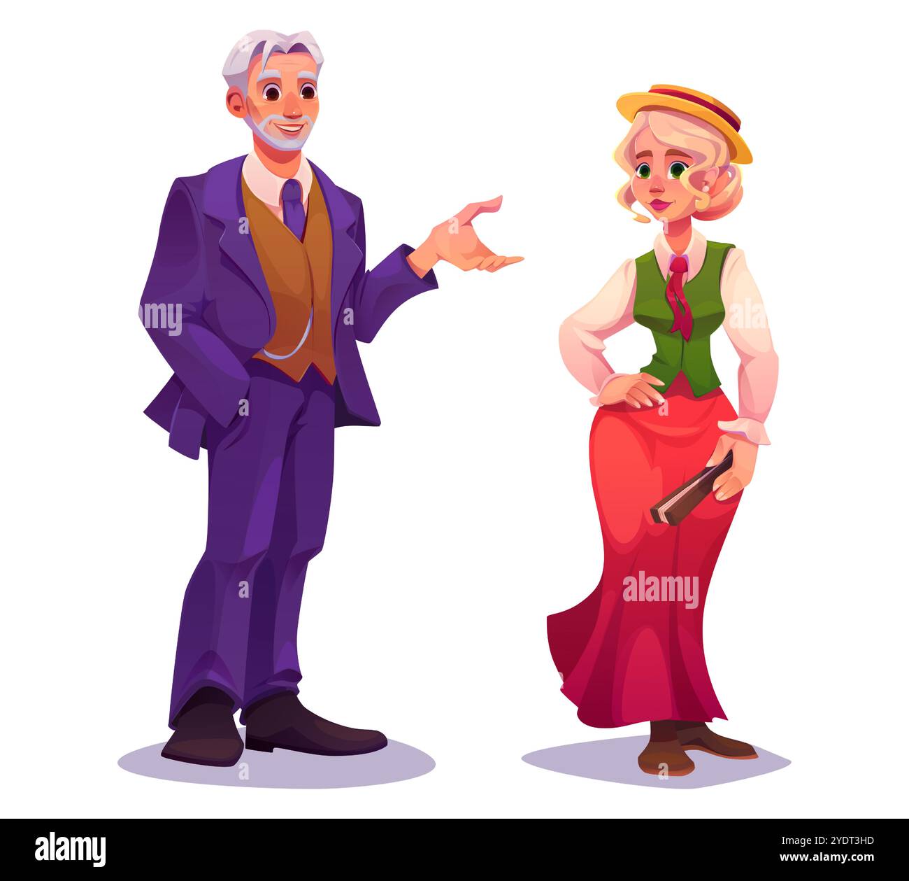 Il popolo vittoriano si veste. illustrazione in tuta vintage del xix secolo. Uomo e donna storico costume medievale isolato ed elegante set. Outfit in stile aristocratico per una signora britannica in un vettore di cartoni animati anni '1800 Illustrazione Vettoriale