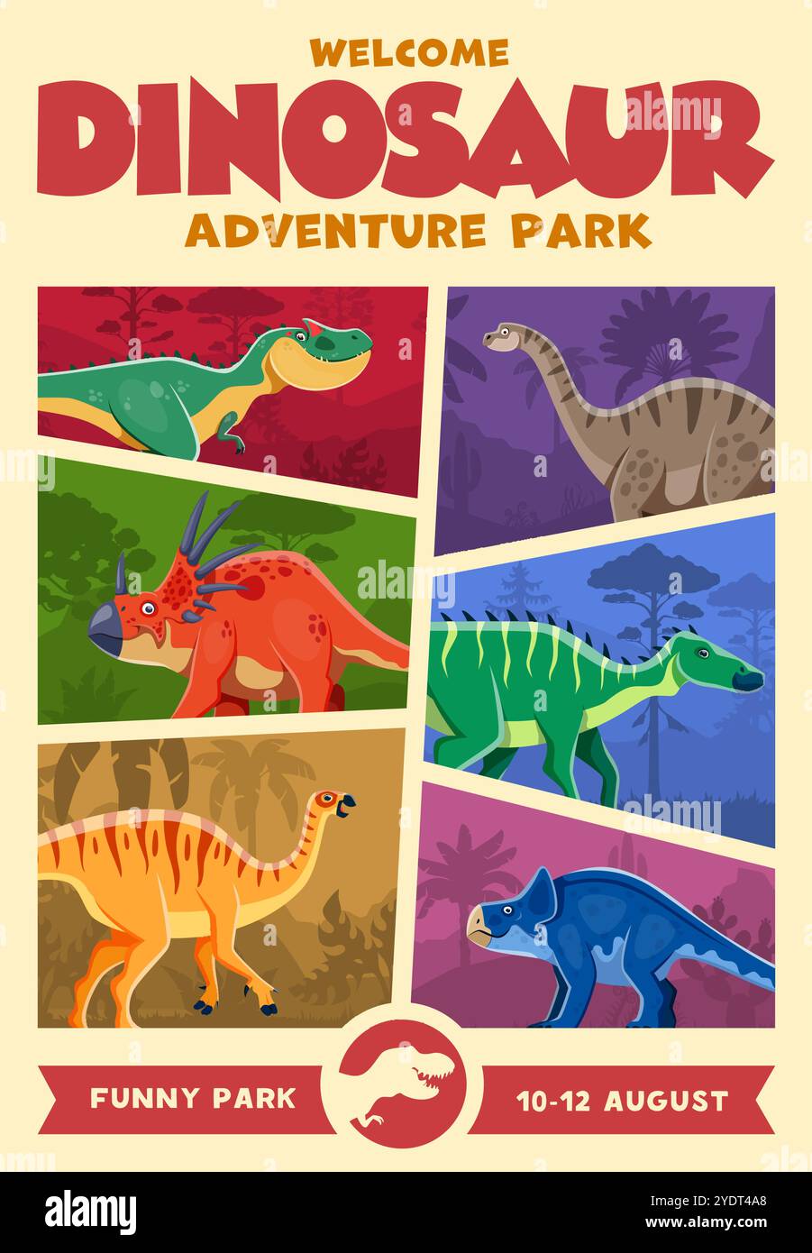Volantino con poster retrò del parco Dino con dinosauri preistorici che promuovono eventi o mostre avventurosi. Invito vettoriale con specie di dinosauri cartoni animati in habitat colorati che invitano i visitatori a divertirsi Illustrazione Vettoriale