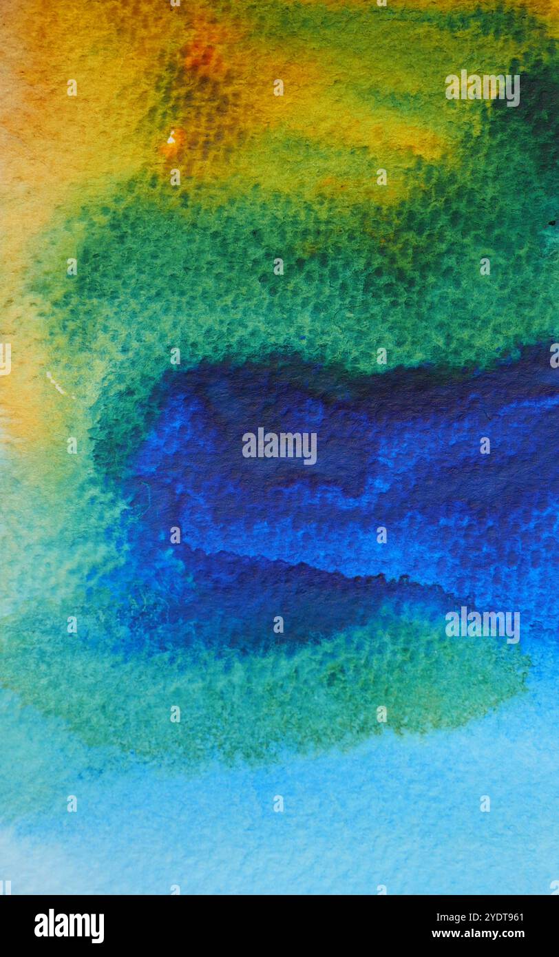 Sfondo astratto e motivo di texture blu con flusso di colore giallo e verde, illustrazione acquerello disegno a mano e dipinto su carta Foto Stock