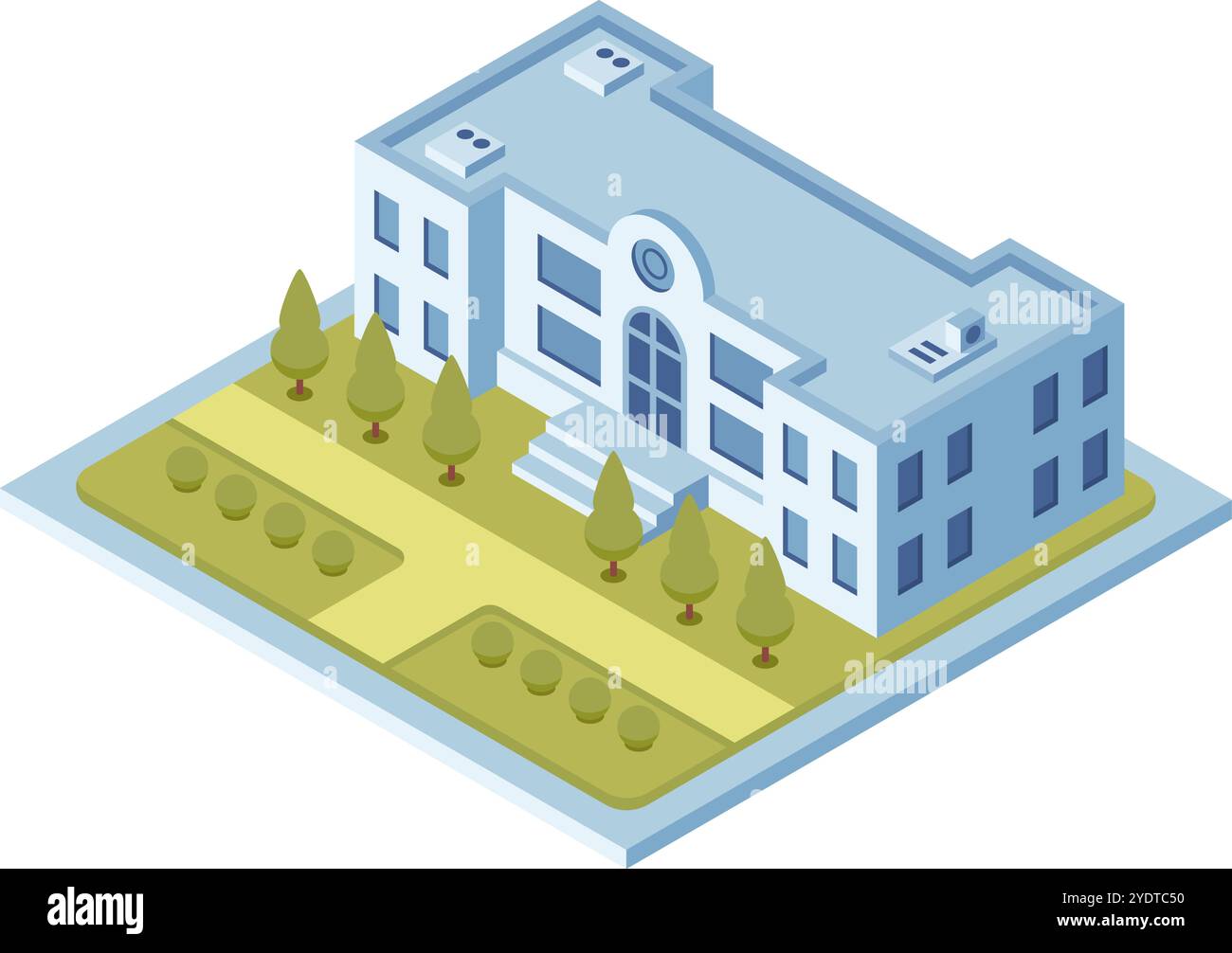 Illustrazione vettoriale isometrica di un moderno edificio pubblico con giardino circostante, che rappresenta l'architettura urbana e la pianificazione urbana Illustrazione Vettoriale
