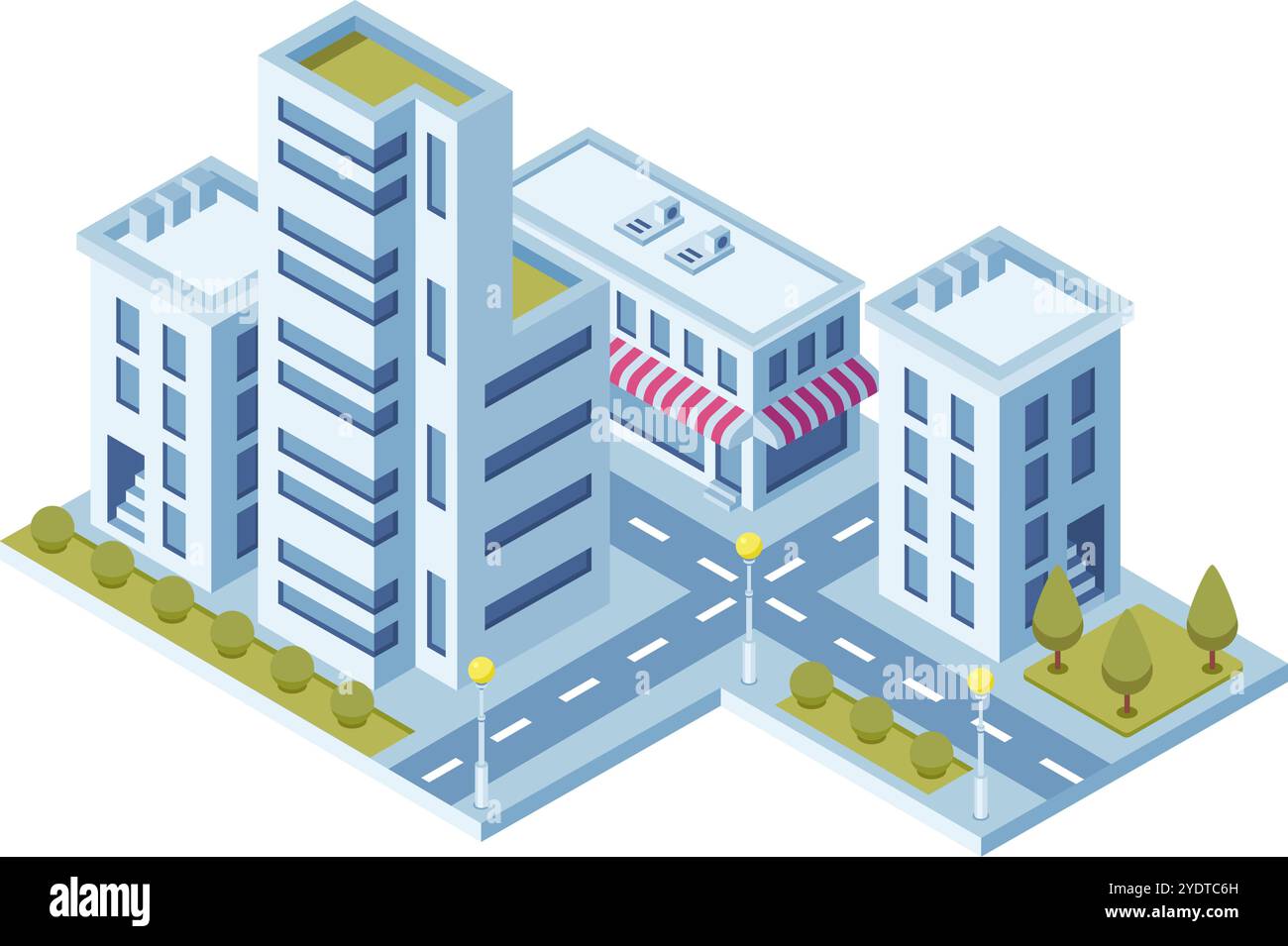 Edifici urbani isometrici con un negozio, strade, lampioni e aree verdi che creano una vivace scena urbana Illustrazione Vettoriale