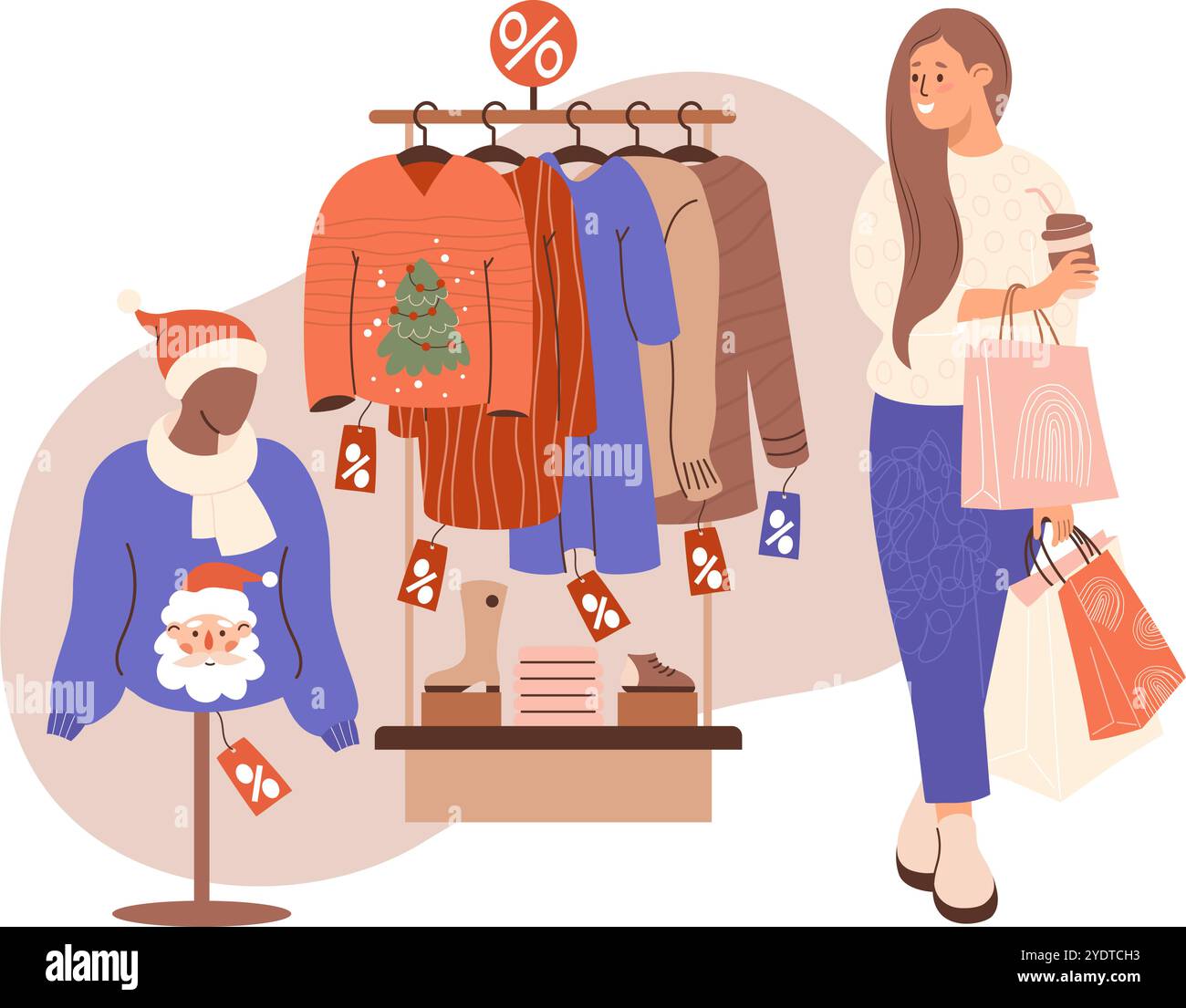 Shopping natalizio, vendita di abbigliamento stagionale. Ragazza con caffè e pacchetti vicino a scaffale con vestiti e manichino in brutto maglione natalizio con Babbo Natale. Vettore Illustrazione Vettoriale