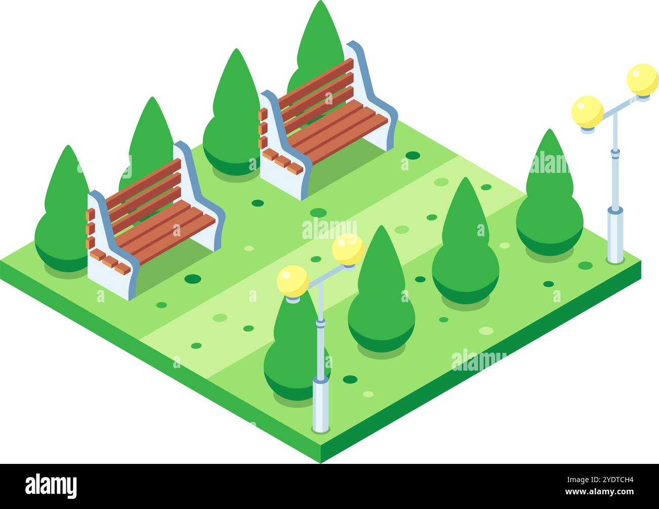 Parco cittadino isometrico con panchine, lampioni e arbusti curati che mostrano un luogo tranquillo in cui rilassarsi Illustrazione Vettoriale