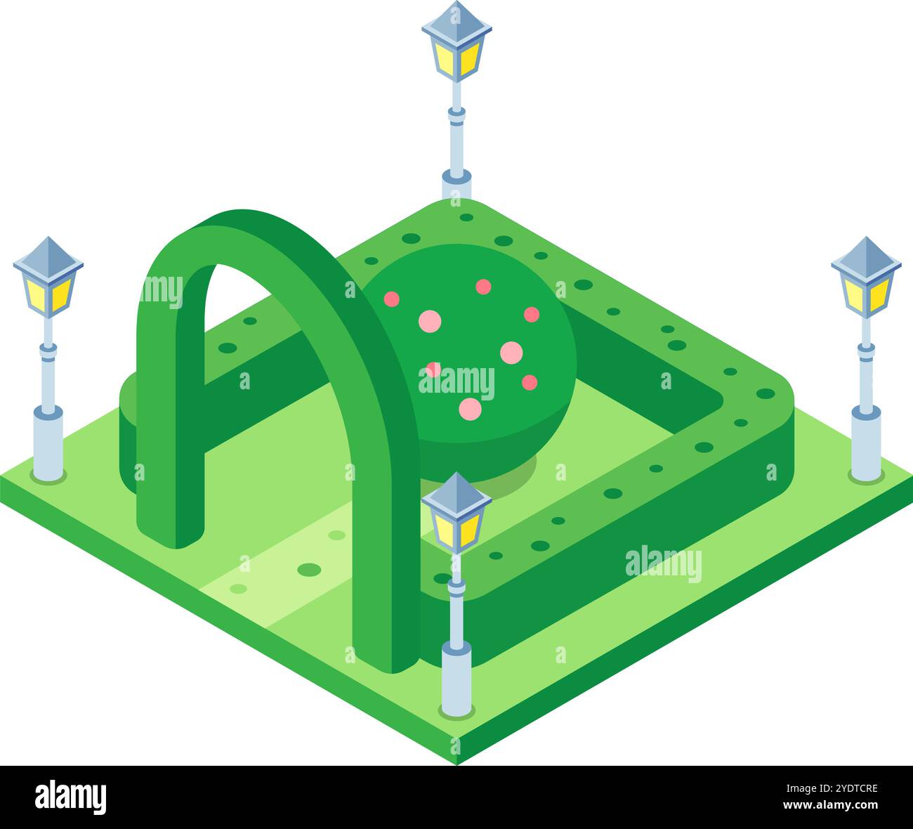 Proiezione isometrica di un verde parco cittadino caratterizzato da un arco, siepi, lampioni stradali e un topiario rotondo centrale Illustrazione Vettoriale