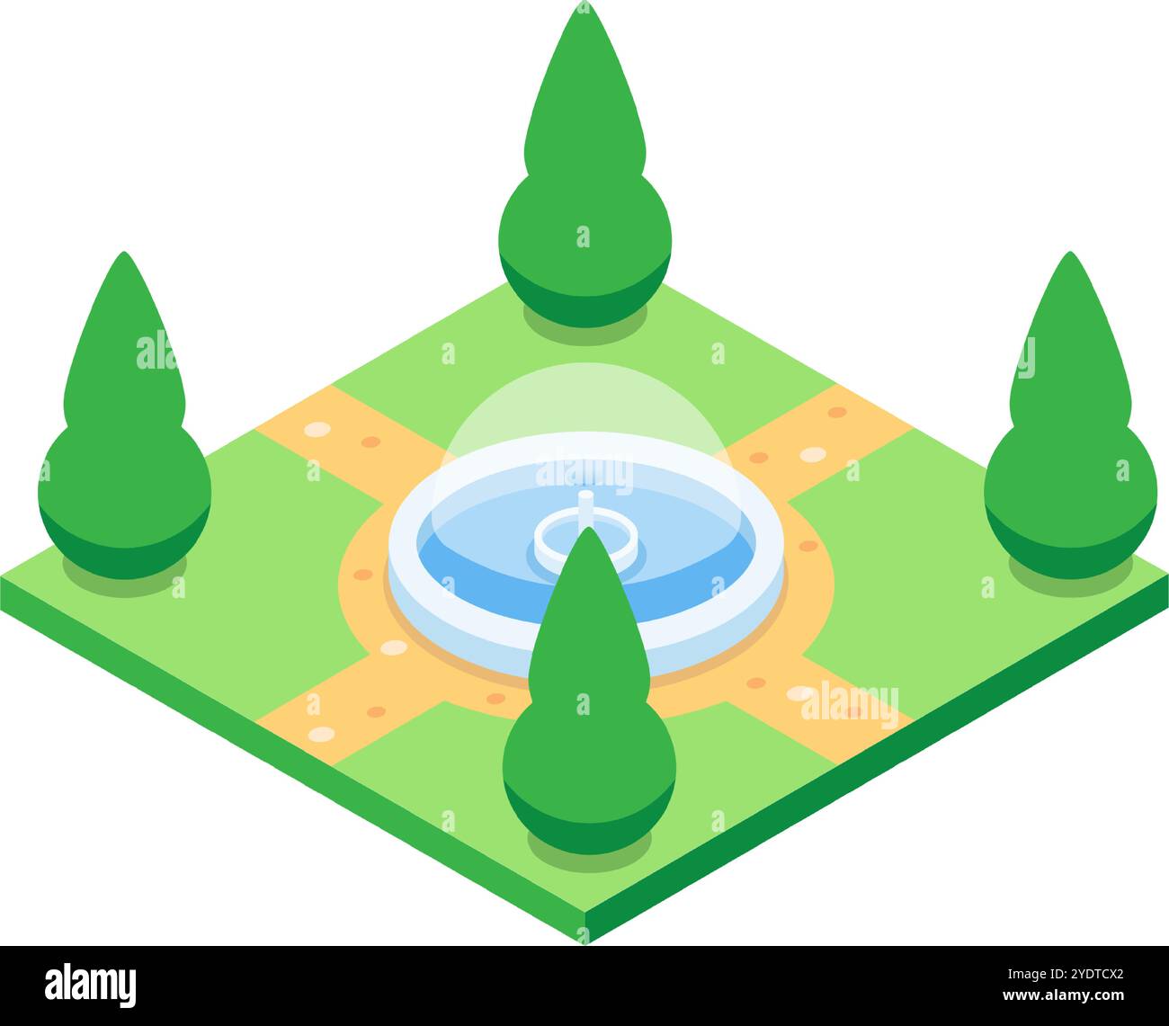 Rilassante parco isometrico con fontana d'acqua, lussureggiante erba verde e alberi disposti in modo ordinato, perfetto per la pianificazione urbana e il paesaggio Illustrazione Vettoriale
