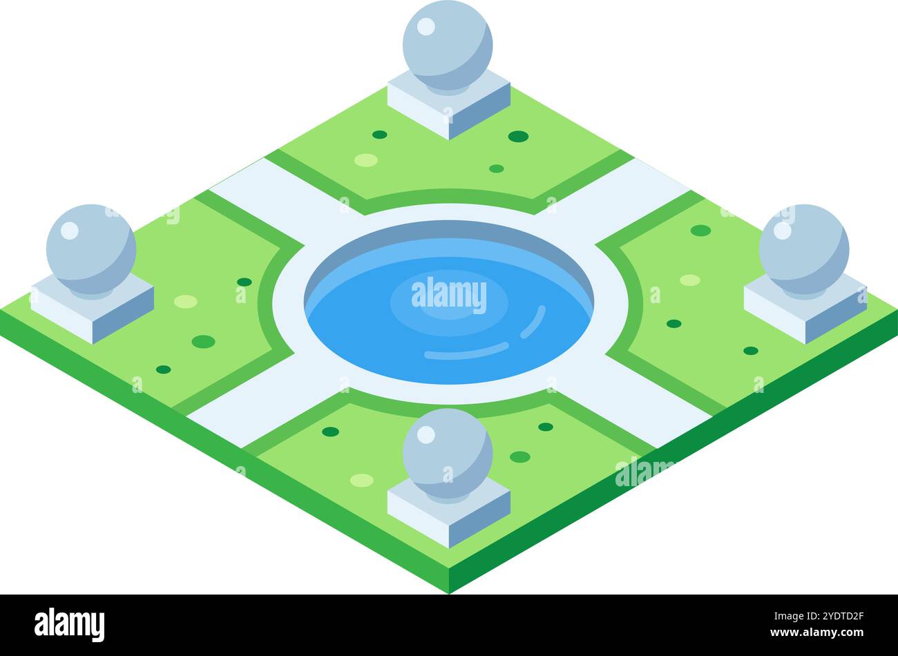 Illustrazione vettoriale isometrica di un parco cittadino con laghetto, sentieri, erba e sfere decorative, ideale per la pianificazione urbana e paesaggistica Illustrazione Vettoriale