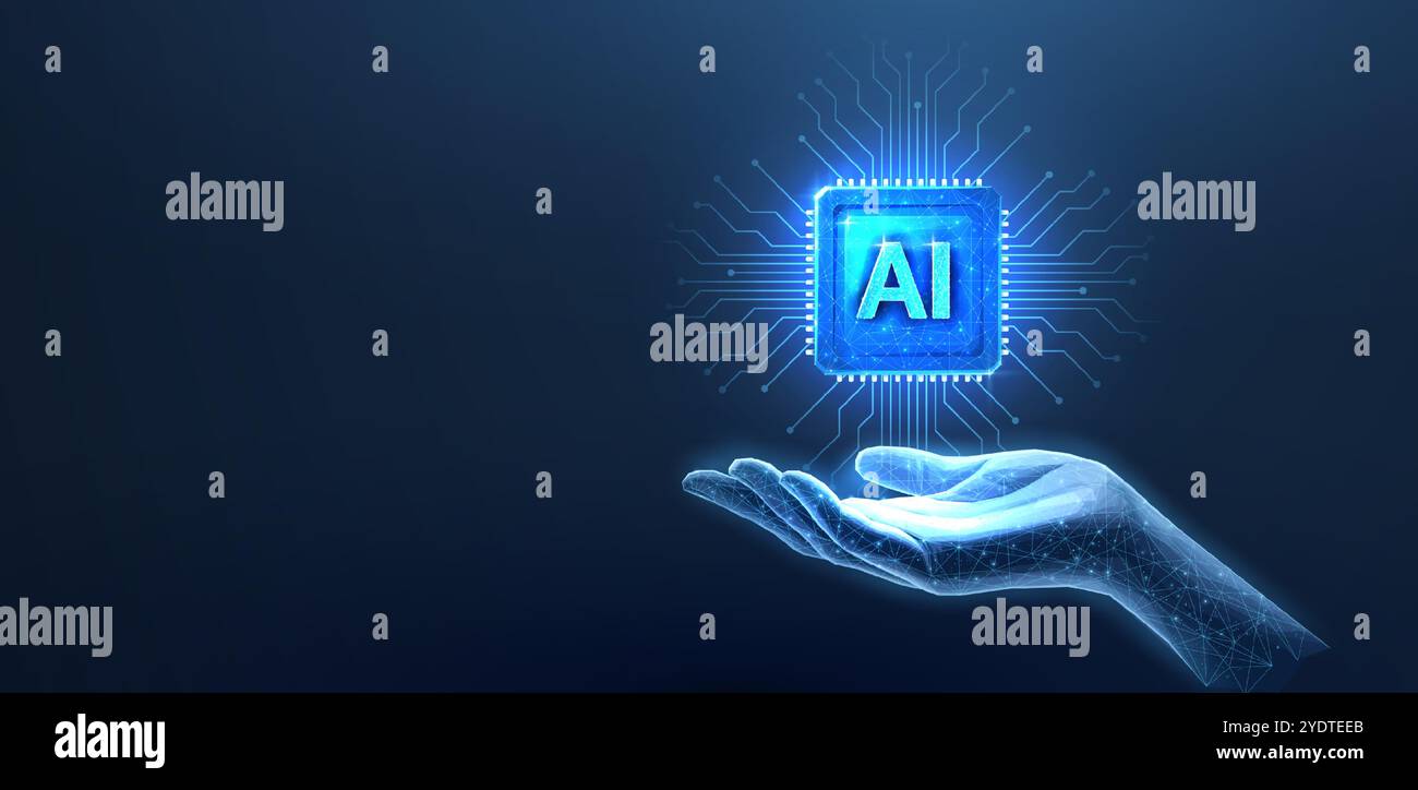 Chip con lettere ai in mano. Tecnologia AI, nucleo robotico, linea elettrica Illustrazione Vettoriale