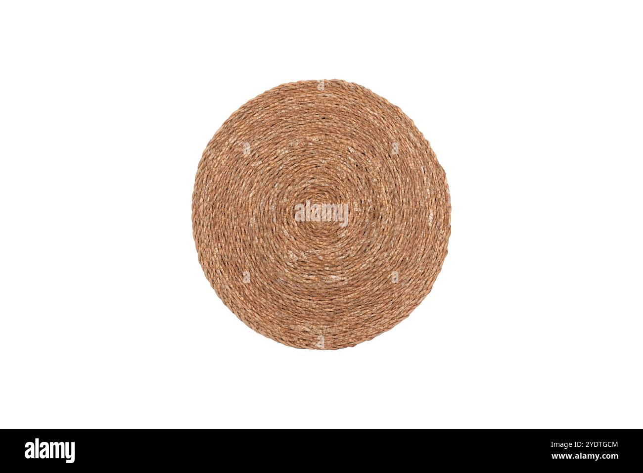 Placemat rotondo in iuta intrecciata - fibra naturale, ecologico, arredamento rustico da tavolo, tappetino circolare artigianale, accessorio da pranzo in stile Boho, resistente e stilizzato Foto Stock