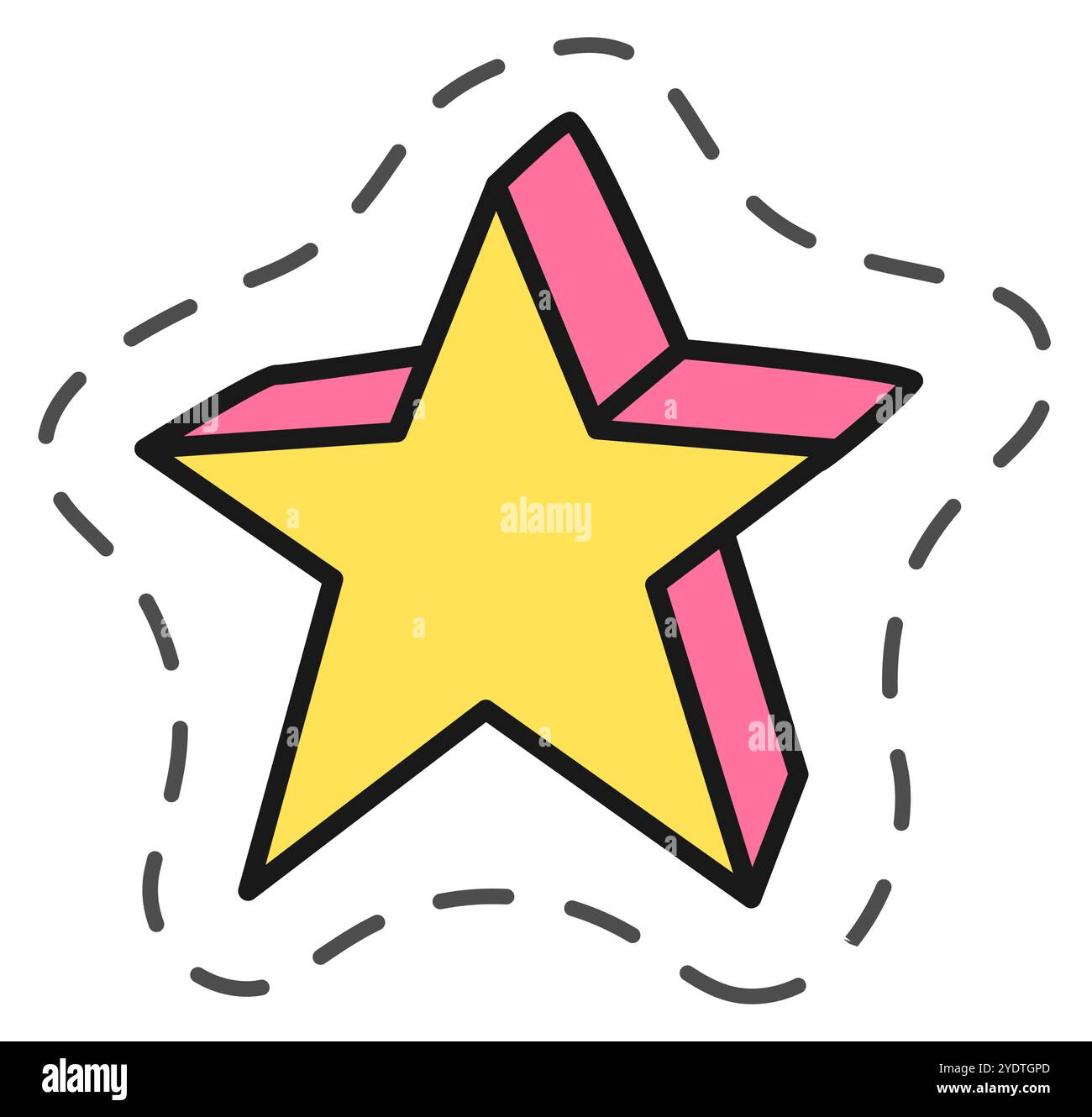 Stella a cinque punte gialla e rosa con effetto tridimensionale e contorno tratteggiato, isolata su sfondo bianco Illustrazione Vettoriale
