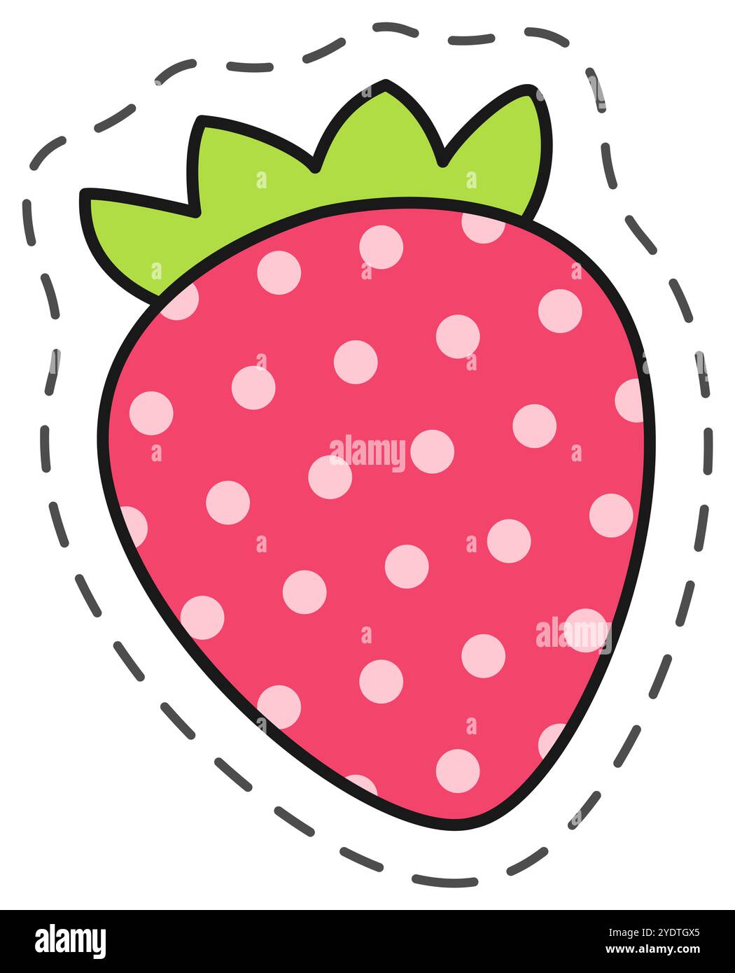 Disegno a cartoni di una fragola stilizzata con punti di polka rosa, foglie verdi e un contorno tratteggiato Illustrazione Vettoriale