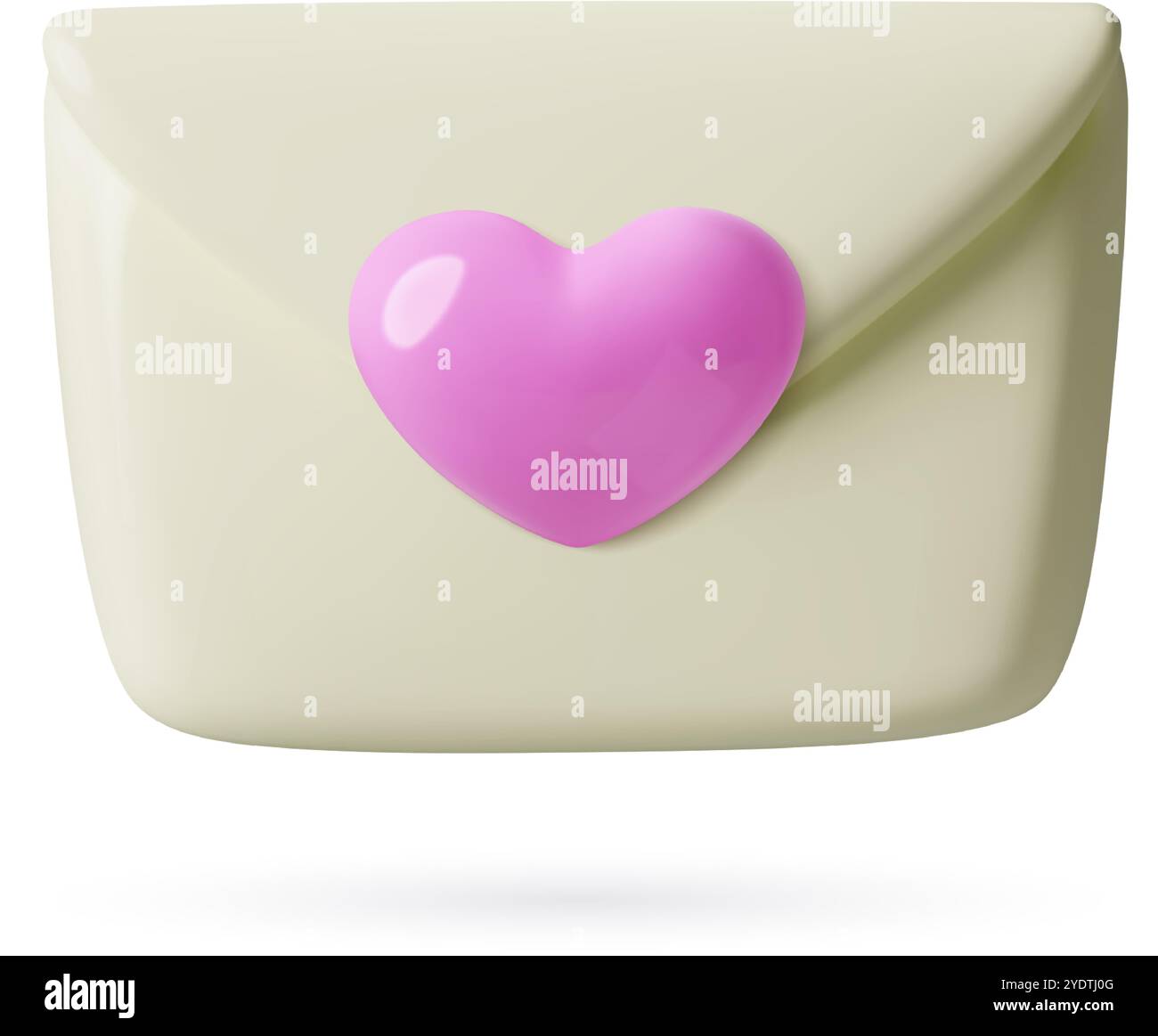 Lettera d'amore 3D con cuore rosa. San Valentino e 14 febbraio icona di busta chiusa tridimensionale in plastica cartoni animati su sfondo bianco. Illustrazione Vettoriale