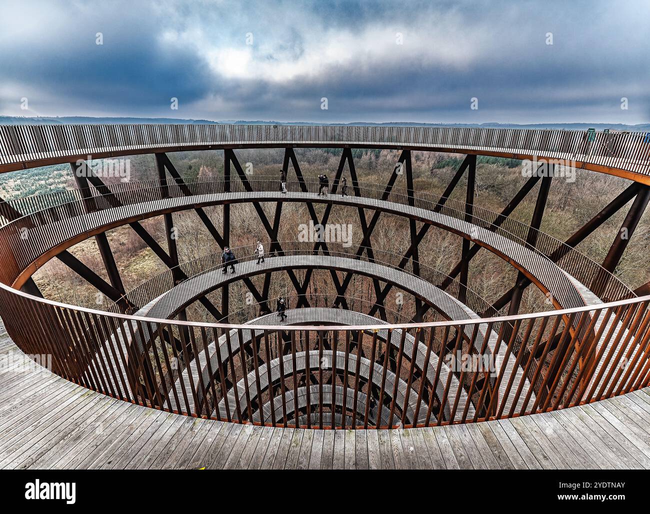 Una suggestiva torre di osservazione in legno a forma di spirale adagiata su un cielo blu limpido, circondata da alberi senza fronzoli. Cattura l'innovazione architettonica e Foto Stock