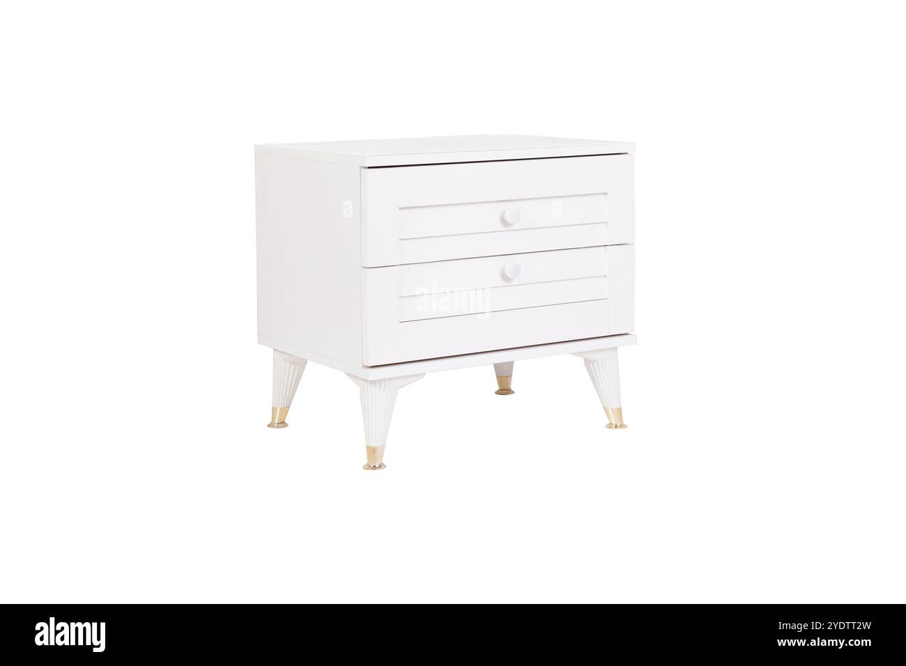 Comodino moderno bianco e legno con due cassetti e accenti in ottone - elegante pezzo di arredamento per la camera da letto Foto Stock