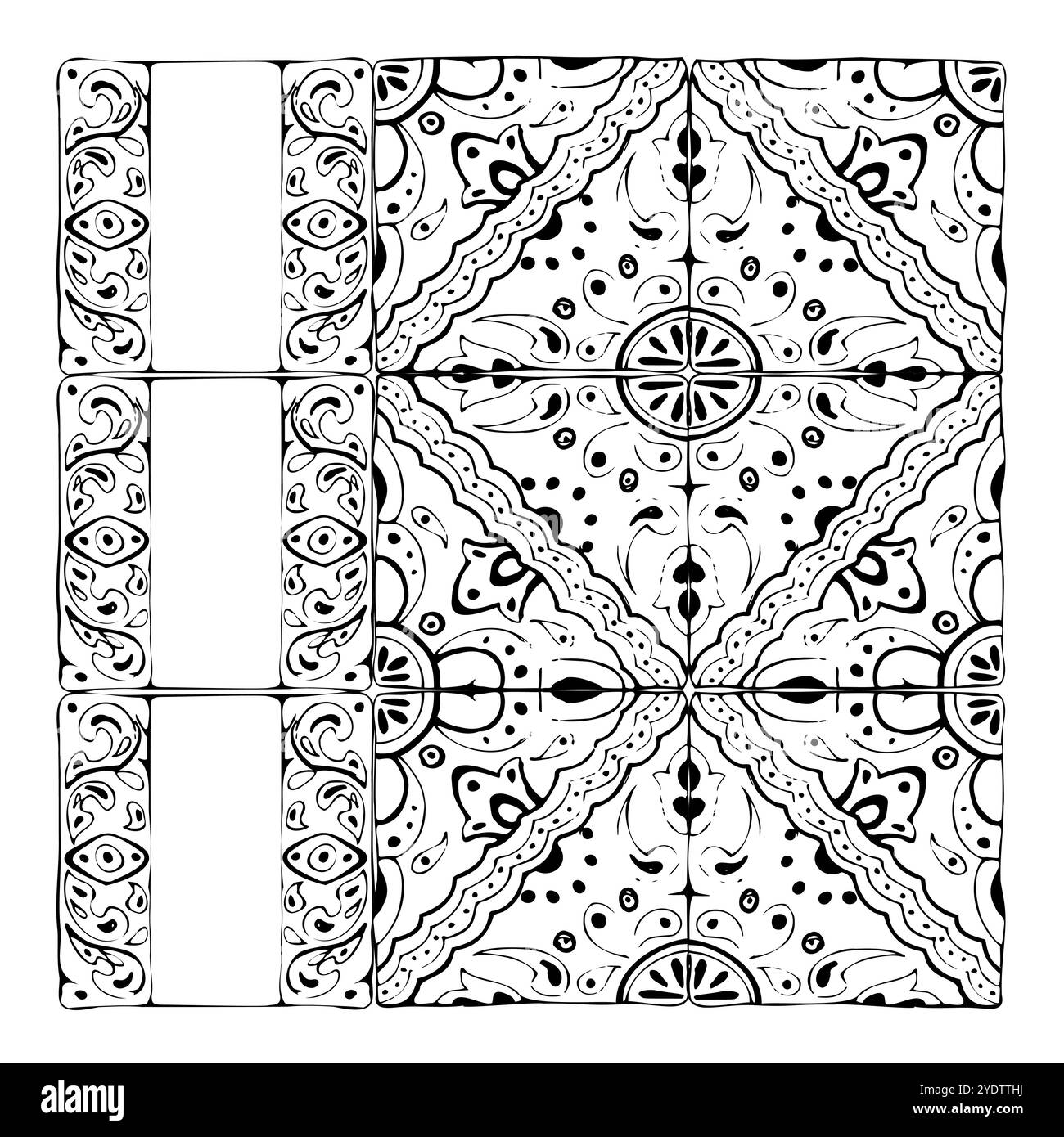 Mosaico mediterraneo, messicano, arabo, marocchino, ornamento a vetri con pavimento azulejo. Set isolato di piastre per piastrelle. Vettore di inchiostro disegnato a mano Illustrazione Vettoriale