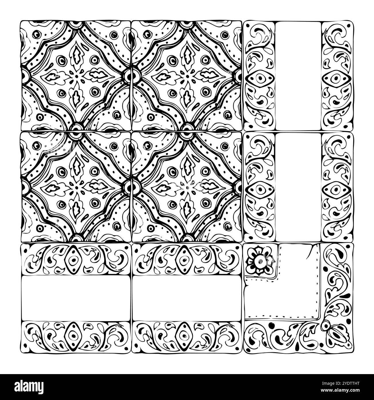 Mosaico messicano arabo mediterraneo marocchino, ornamento a vetri con pavimento azulejo. Set isolato di piastre per piastrelle. Vettore di inchiostro disegnato a mano Illustrazione Vettoriale