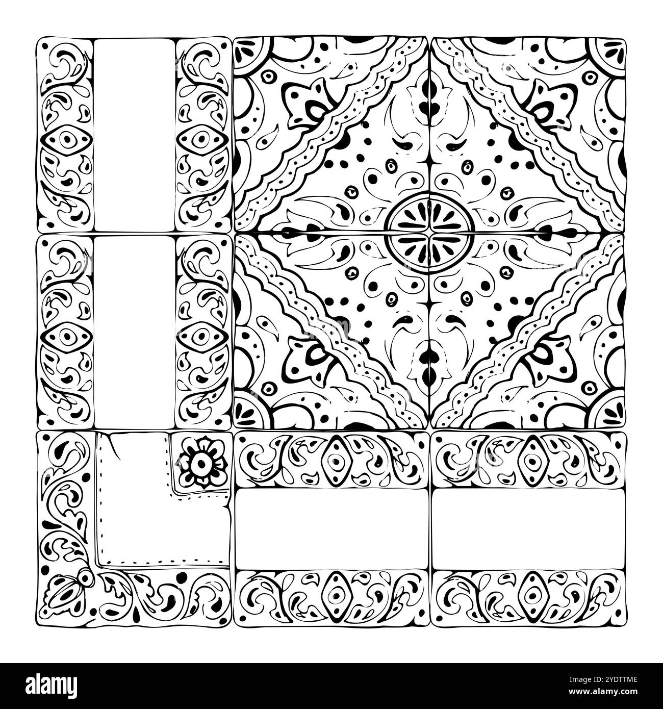 Mosaico messicano arabo mediterraneo marocchino, ornamento a vetri con pavimento azulejo. Set di piastrelle di piastre isolate. Vettore di inchiostro disegnato a mano Illustrazione Vettoriale